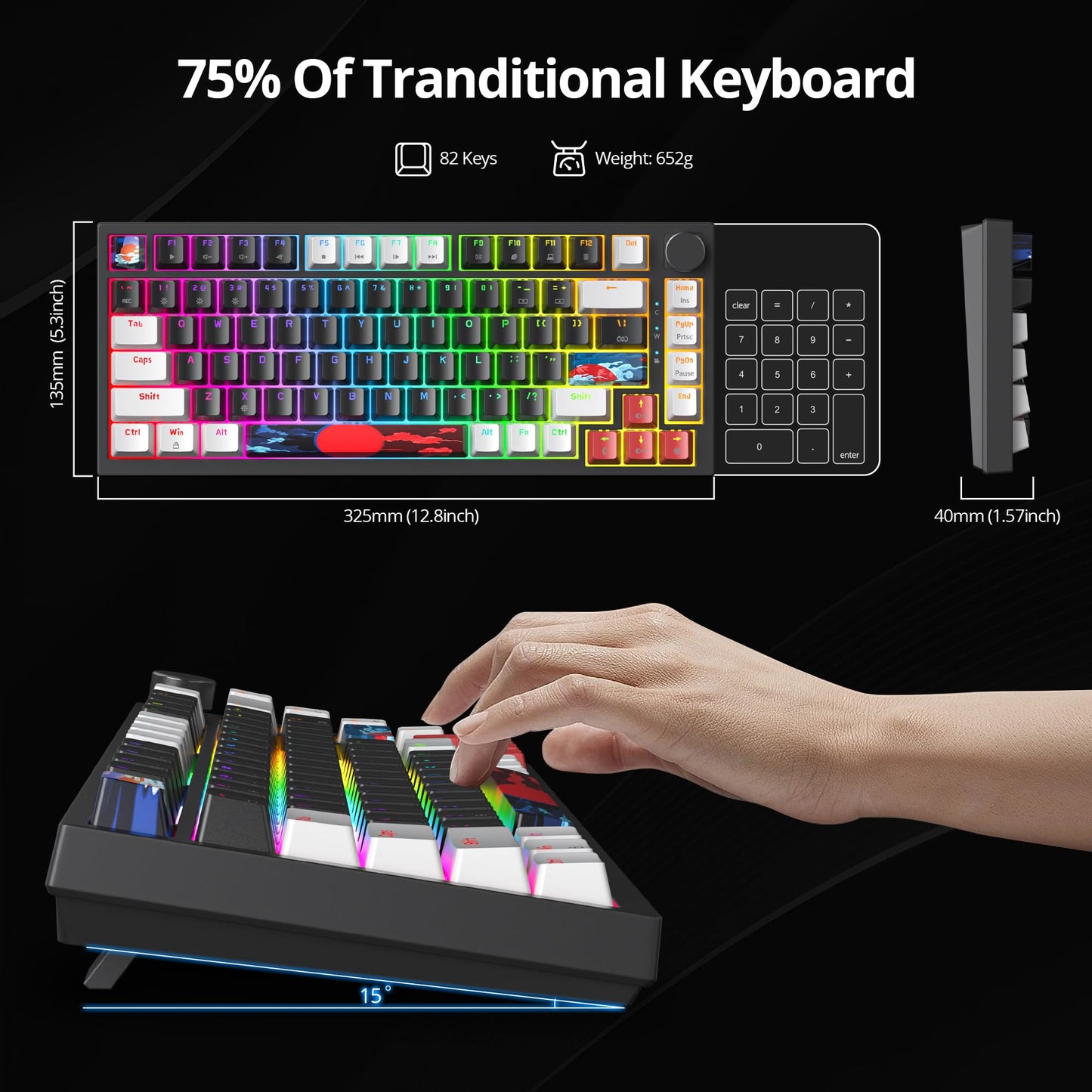 Guffercty kred 75% Gasket Mounted Gaming Keyboard Hot Swappable, 82 Key RGB Backlit Wired TKL Mechanical Keyboard with Knob & Programmable Macros, Custom Linear Switch for MAC Win (82 Black)