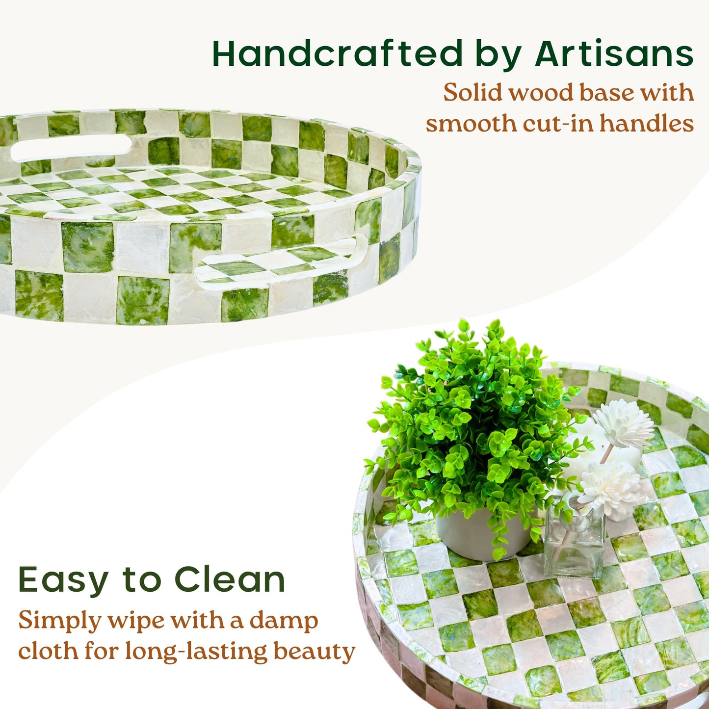 CHI AN HOME 12.6" Round Decorative Tray with Handles, Checkered Capiz Mother of Pearl Serving Tray for Coffee Table, Kitchen Counter, or Bathroom (Pistachio Green and White)