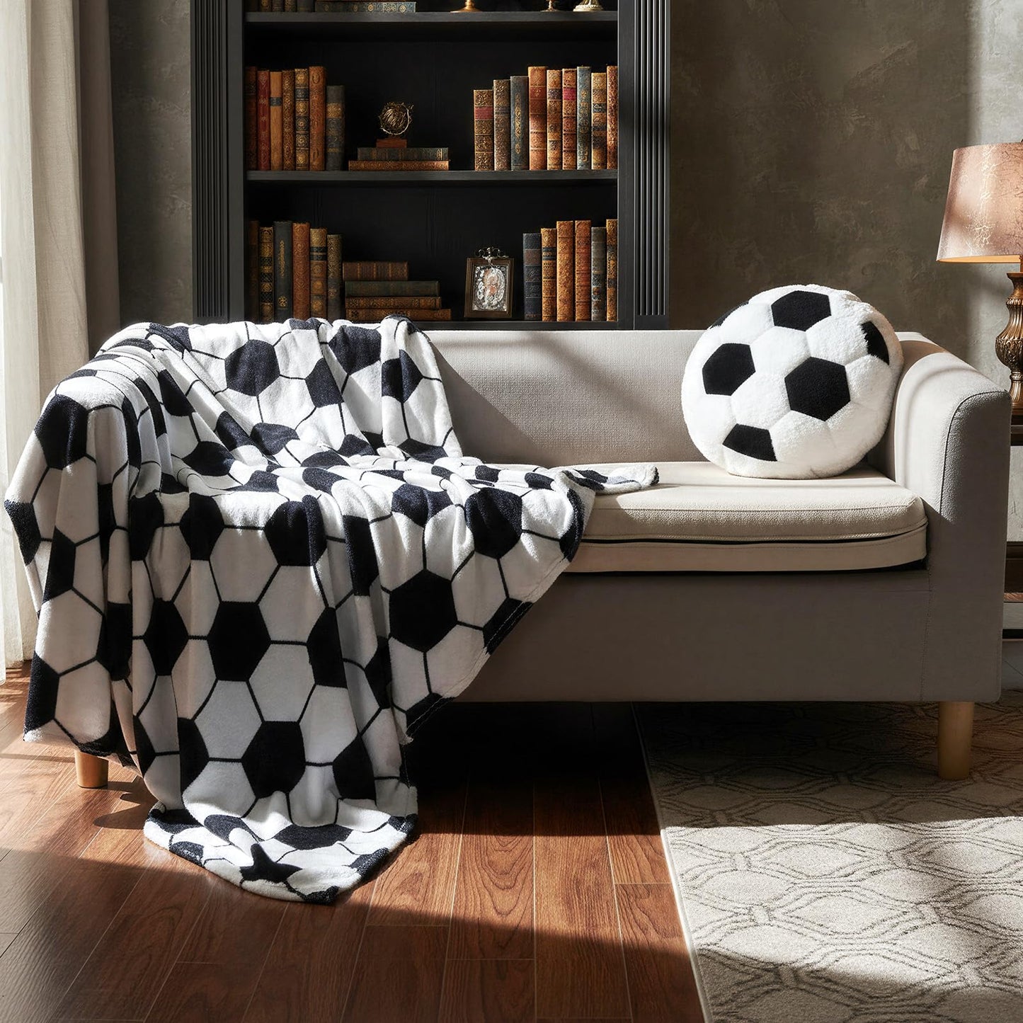 SmoothNovelty 2 Pcs Soccer Pillow and Throw Blanket Set Include 40x50 Inch Soft Soccer Flannel Blanket Fluffy Sports Stuffed Plush Pillow Cushion Team Gift for Men Couch Bedroom Sofa Decor