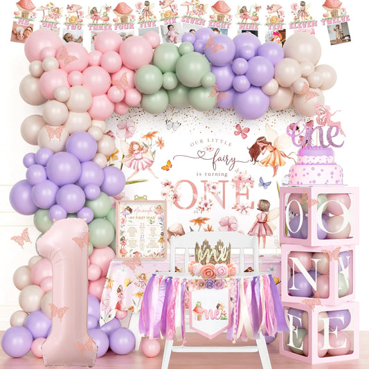 Fiesec Fairy First Birthday Decorations, Flower Themed 1st Birthday Party Decorations for Girl, Our Little Fairy is Turning One Backdrop Banner Tablecloth for Floral Forest Garden One Year Old Girl
