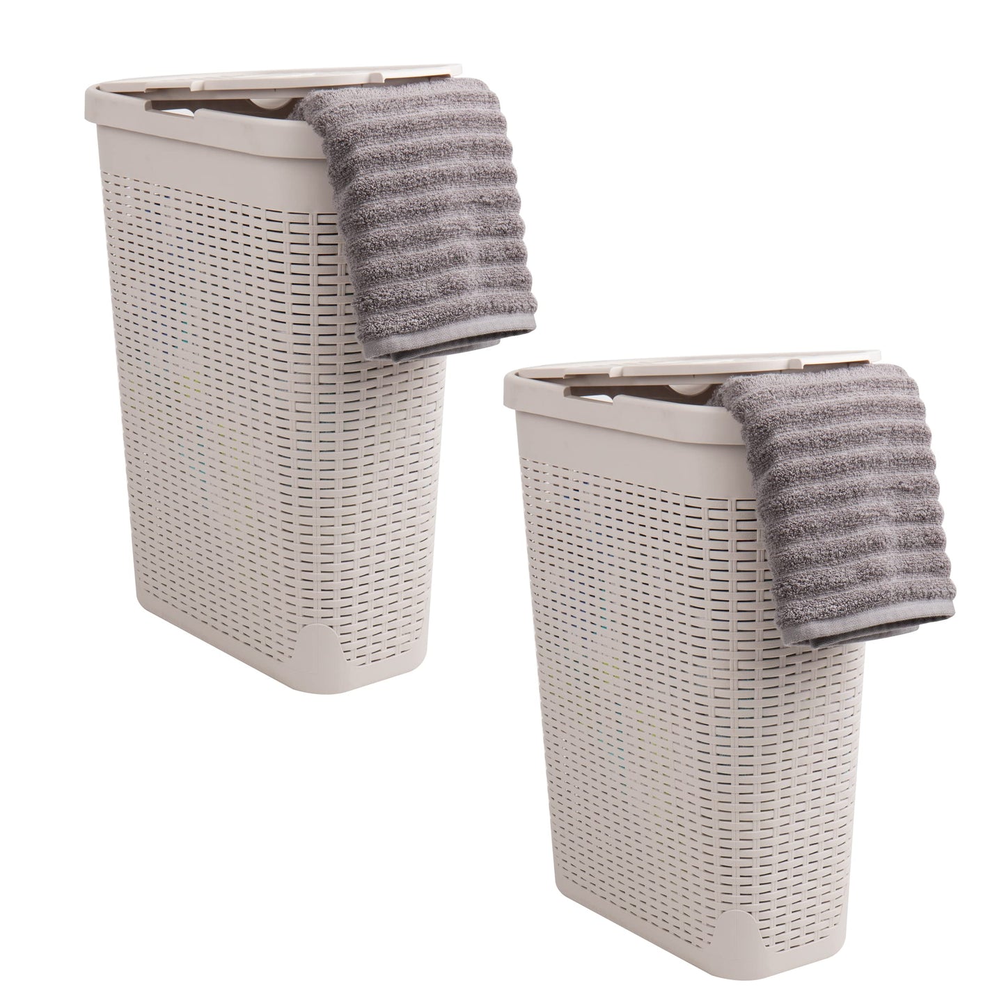 Mind Reader Slim Laundry Hamper with Lid, 40L Clothes Basket, Narrow Tapered Design with Ventilated Cutout Pattern, Plastic, Set of 2, Ivory