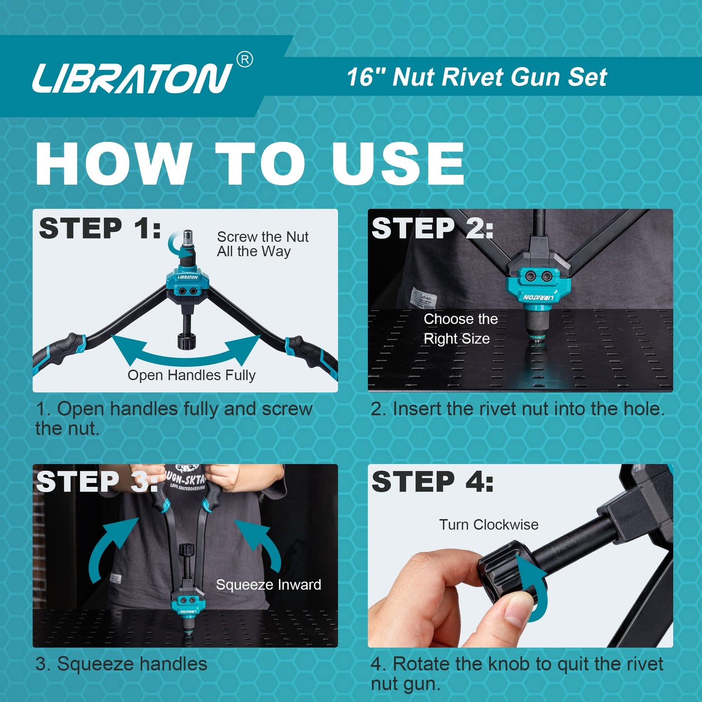 LIBRATON 16" Rivet Nut Tool, Rivet Nut Gun, Hand Rivet Nut Setter with 110PCS Rivet Nuts, 11PCS Metric & SAE Interchangeable Mandrels and Carrying Case, Easy Replace