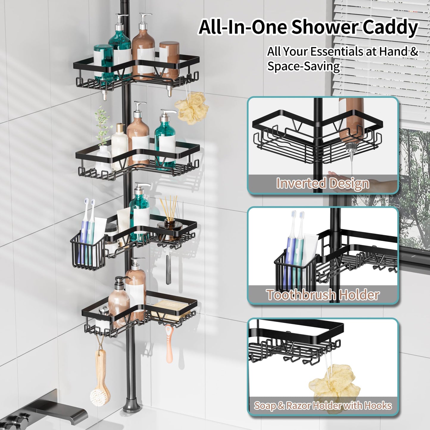 KEGII Shower Caddy Corner Tension Pole with Toothbrush Holder - Adjustable Corner Shower Organizer with Tooth Brush Holder, No Drilling Rustproof Bathroom Shelf Storage Rack, Fits 25-114.2 Inch