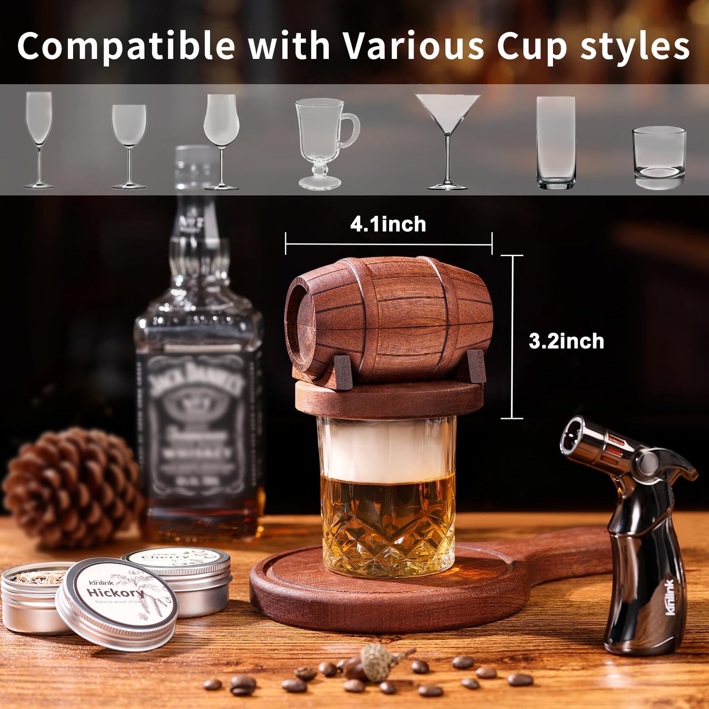 Whiskey Smoker Kit with Torch - No Butane, 6 Flavors Wood Chips, 2 Whiskey Glasses, 2 Round Ice Cube Mold, Old Fashioned Smoker Kit Cocktail Smoker Drink Smoke, Anniversary Birthday Gifts for Men Dad