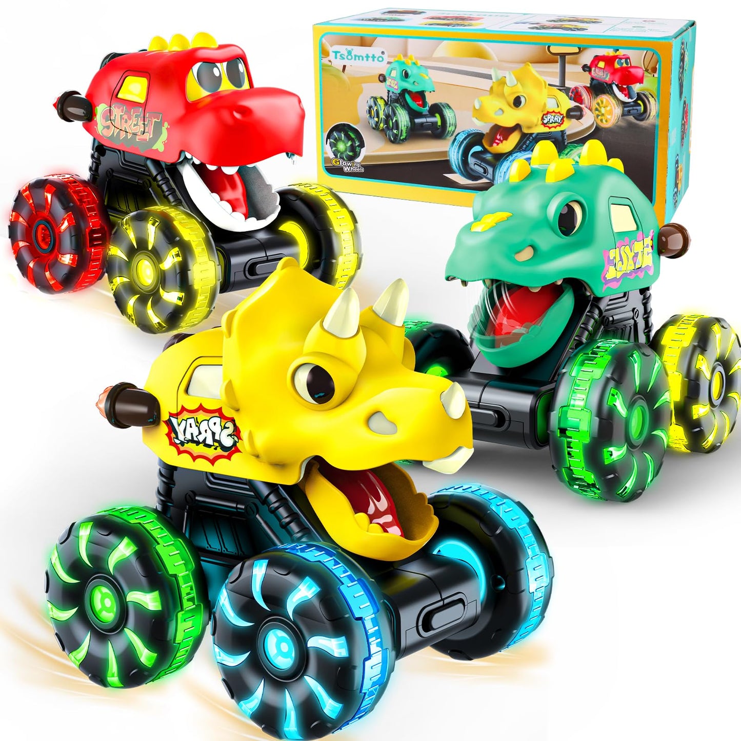 Monster Truck Toys Dinosaur Cars for Toddlers 1-3, Press and Go Cars Truck Toys for 1 2 3 Year Old Boys Girls Gift, Light Up Boy Toy Dinosaur Cars for 1 2 3 One Two Year Old Boy Birthday Gifts (Small)