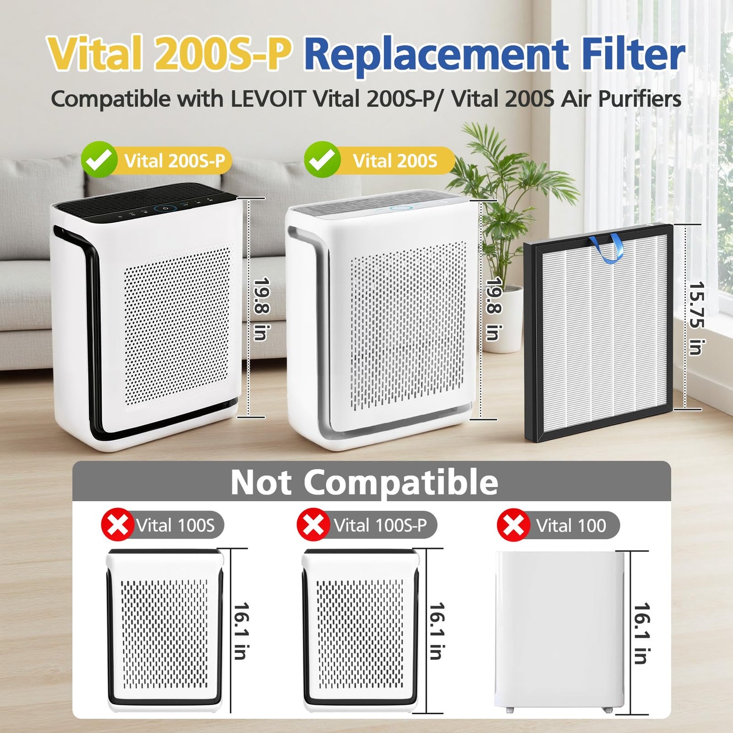 Vital 200S Replacement Filter Compatible with LEVOIT Vital 200S and Vital 200S-P Air Purifi-ers, 3-IN-1 HEPA Air Filter and Activated Carbon Filter, for Vital 200S-RF, LRF-V201-WUS, White (2 Pack)