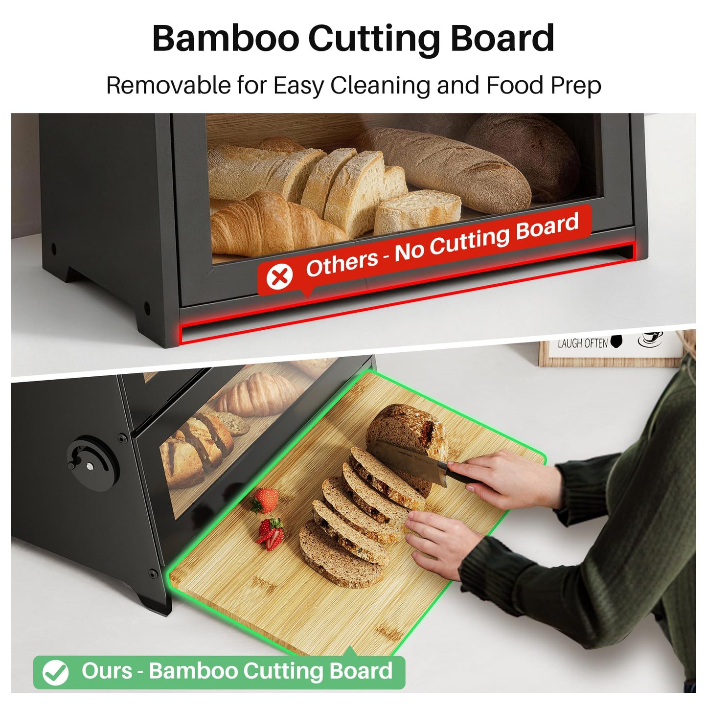 SNTD Bread Box - Kitchen Countertop Bread Storage Container with Bamboo Cutting Board, Adjustable Vent Hole Dials, Black