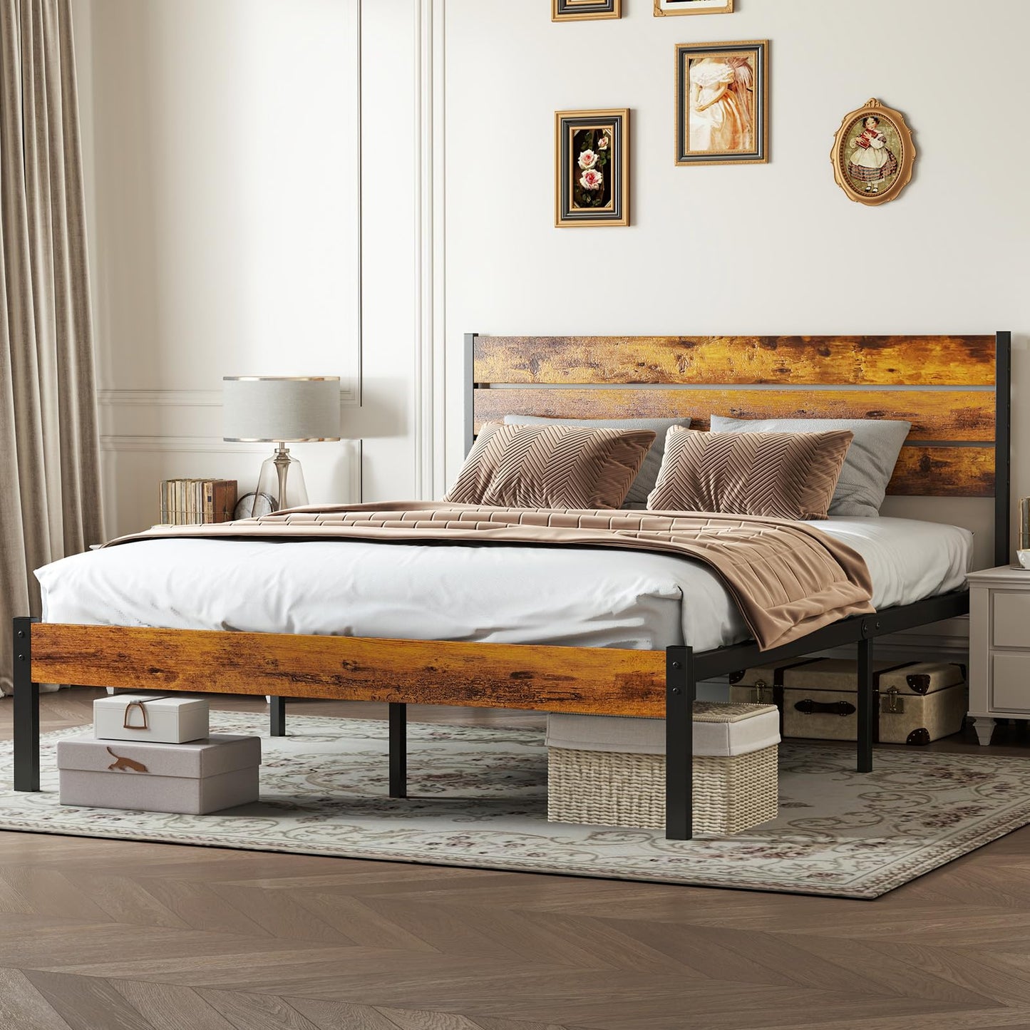 OLIXIS Full Size Bed Frame with Headboard, 800LBS Mattress Foundation with All Sturdy Metal Support, Under Bed Storage, No Box Spring Needed, Easy Assembly, Rust Brown