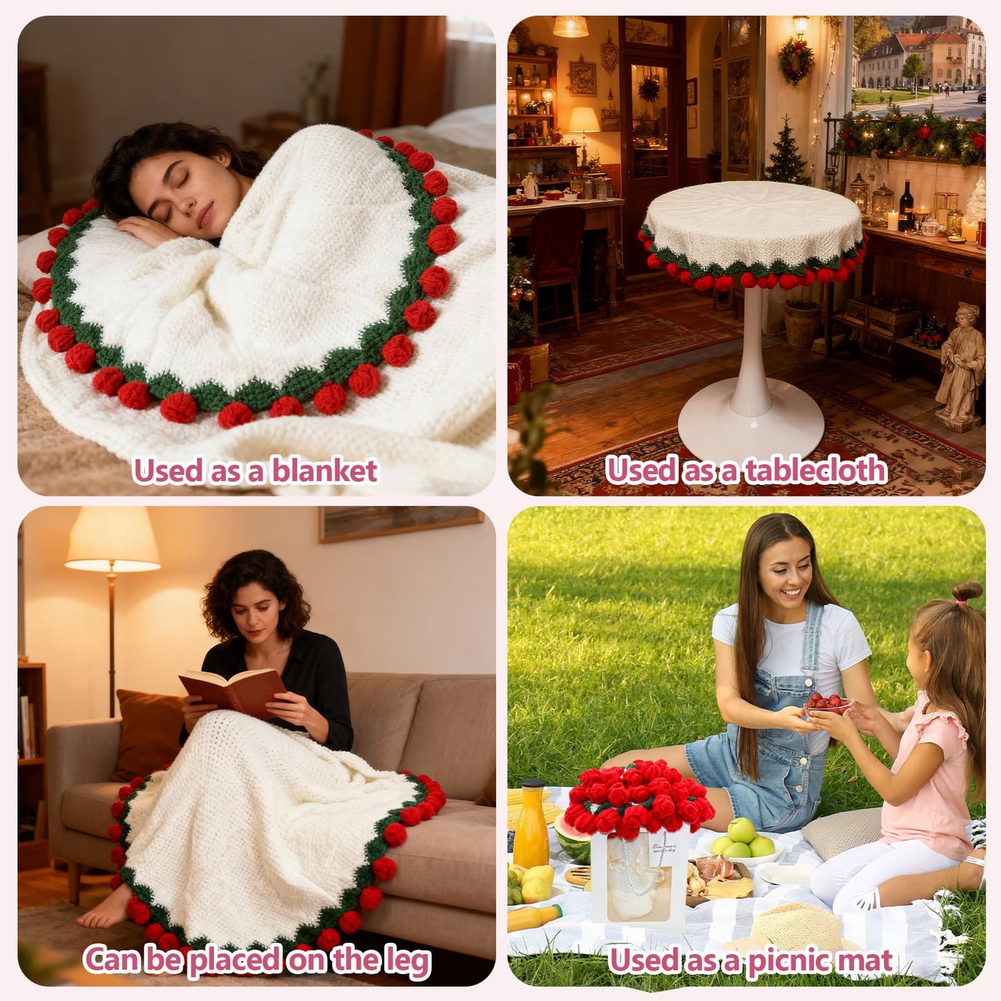 ZMJY Bouquet Blanket 3D Rose Flower Blanket, Ultra-Soft & Breathable Throw Blanket, Handmade Romantic Gift for Birthday, Wedding, Home Decor for Bed, Couch, (Large)