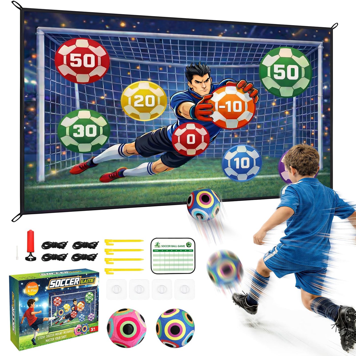 CARDOBIR Soccer Ball Game Mat Set for Kids, Sticky Soccer Target Game with 59 x 39 in Flannel Mat, Scoreboard and 2 Balls, Indoor Outdoor Soccer Toys for Ages 3–8 (Medium)