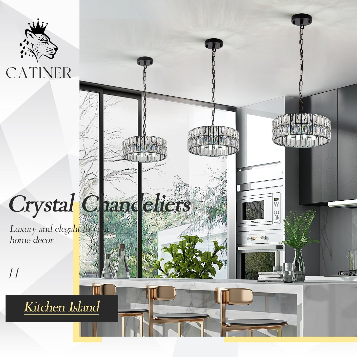 Crystal Pendant Light 4-Light Modern Black Chandelier Small 12” Crystal Semi Flush Mount Ceiling Light Round for Kitchen Island Foyer Hallway