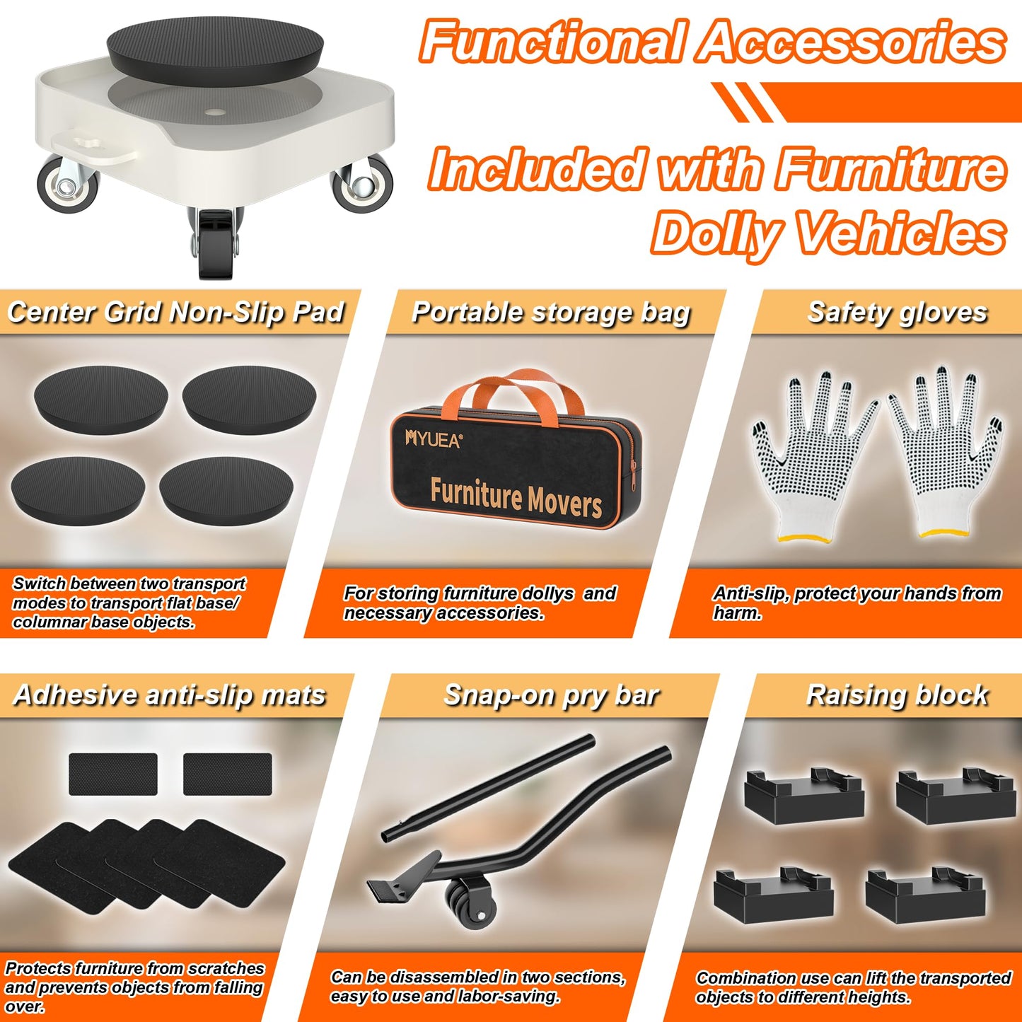 MUEA Furniture Dolly,Heavy-Duty Furniture Movers with Removable Center Pad,Non-Slip L-Edge & TPR Wheels,Moving for Round/Flat Leg Furniture–Includes Pry Bar,Gloves,Mat and Storage Bag(1200LBS)