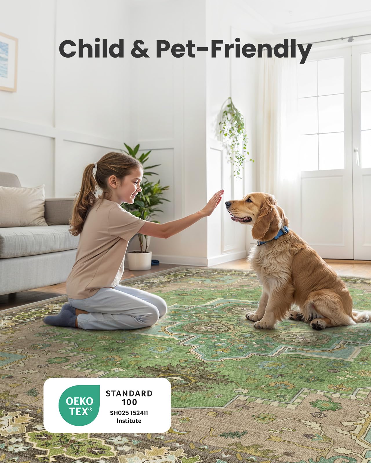 AMADA HOMEFURNISHING 8x10 Area Rug for Living Room, Vintage Washable Area Rug Low-Pile & Non-Slip Carpet for Bedroom Dining Room Nursery Home Office, Green
