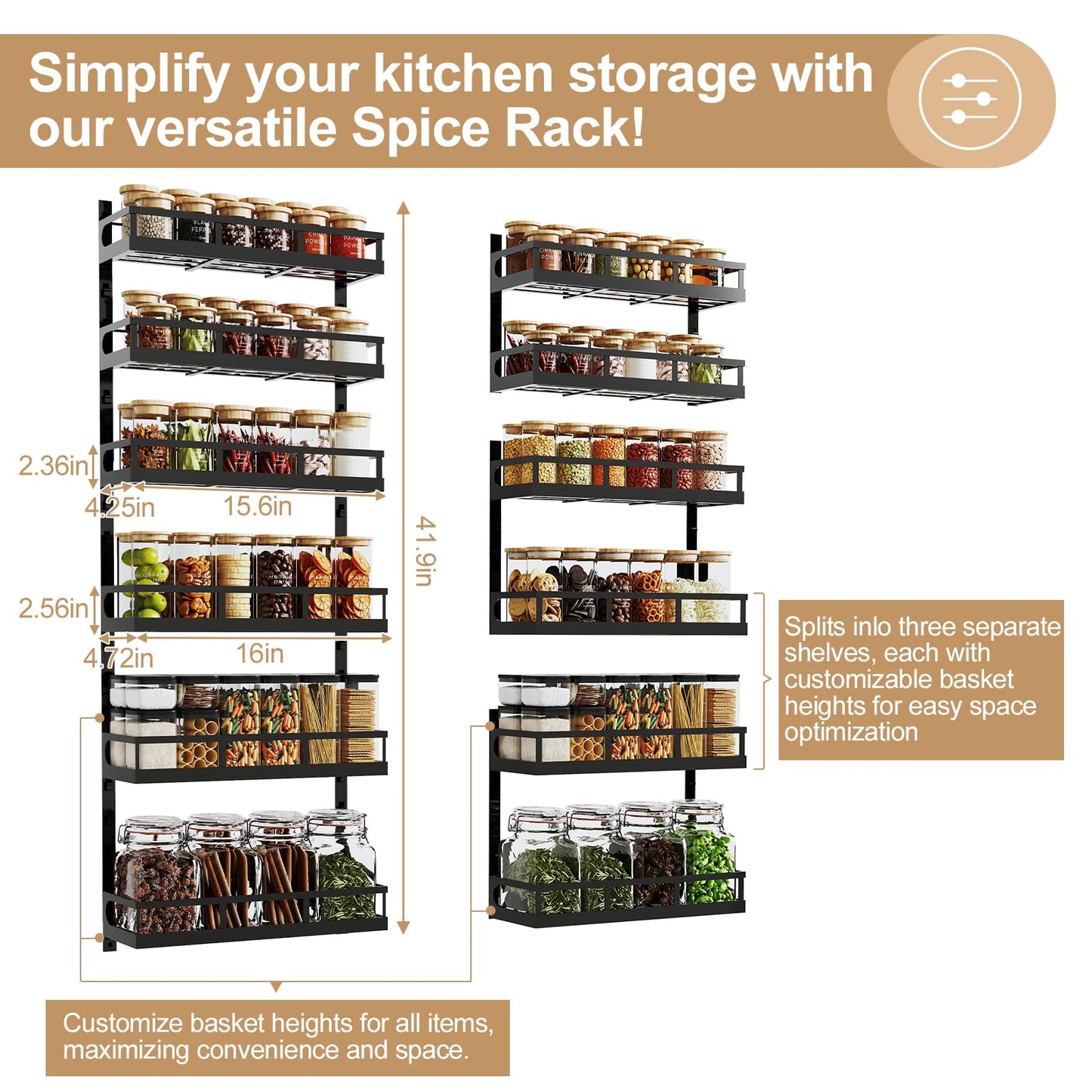 X-cosrack 6-Tier Wall-Mounted Spice Rack Organizer with Mixed Basket Sizes, Height-Adjustable Hanging Spice Shelf for Kitchen Pantry Cabinet, Large-Capacity Seasoning Holder, Black