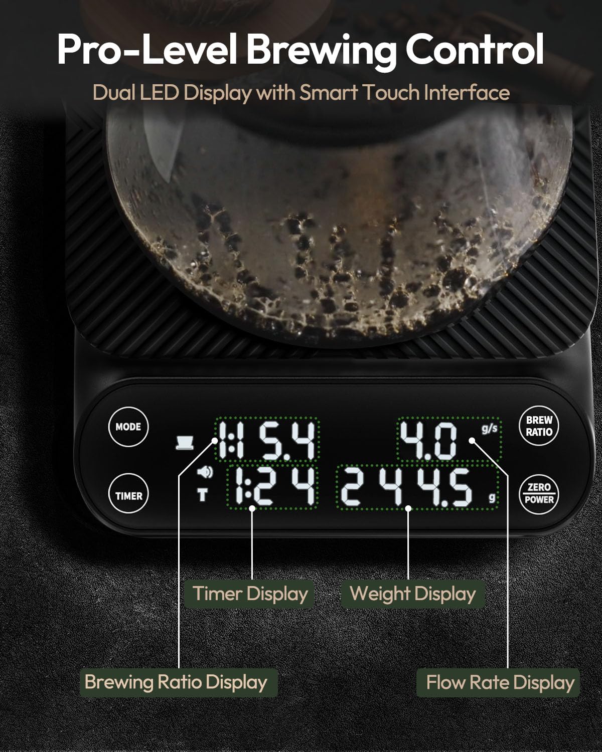 Maestri House S3 Coffee Scale with Timer, 3kg/0.1g Rechargeable Pour Over Coffee Scale, 3 Brew Modes, Adjustable Brew Ratios & Flow Rate Display, Scale for Pour Over, Espresso & French Press-Black