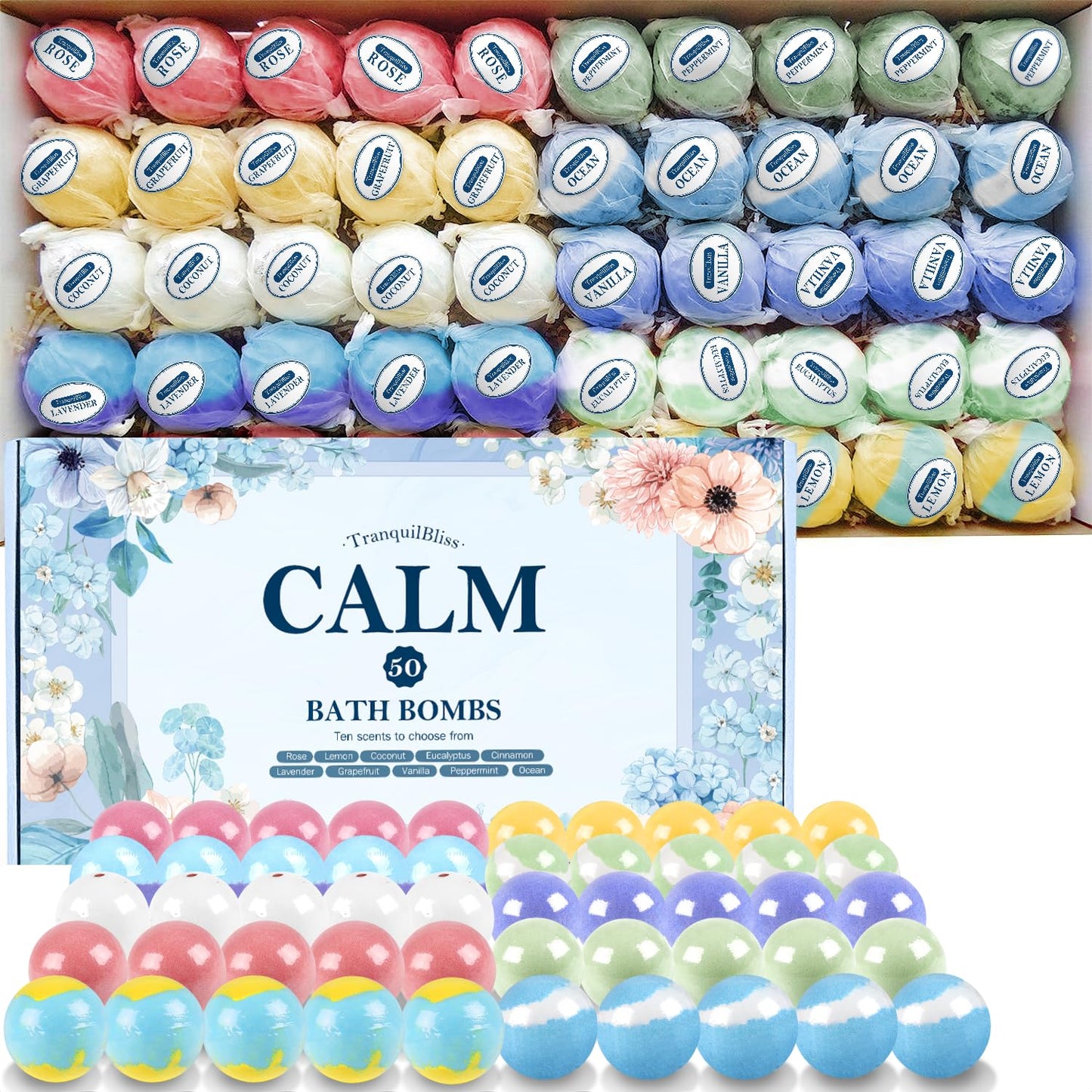 TranquilBliss Bath Bombs Set with 10 Rich Scents, 50 PCS Bath Bombs for Women, Natural Bubble Bath Bombs with Shea Butter & Safe Oil, Ideal for Christmas, Birthday, Valentine's Day Present Giving