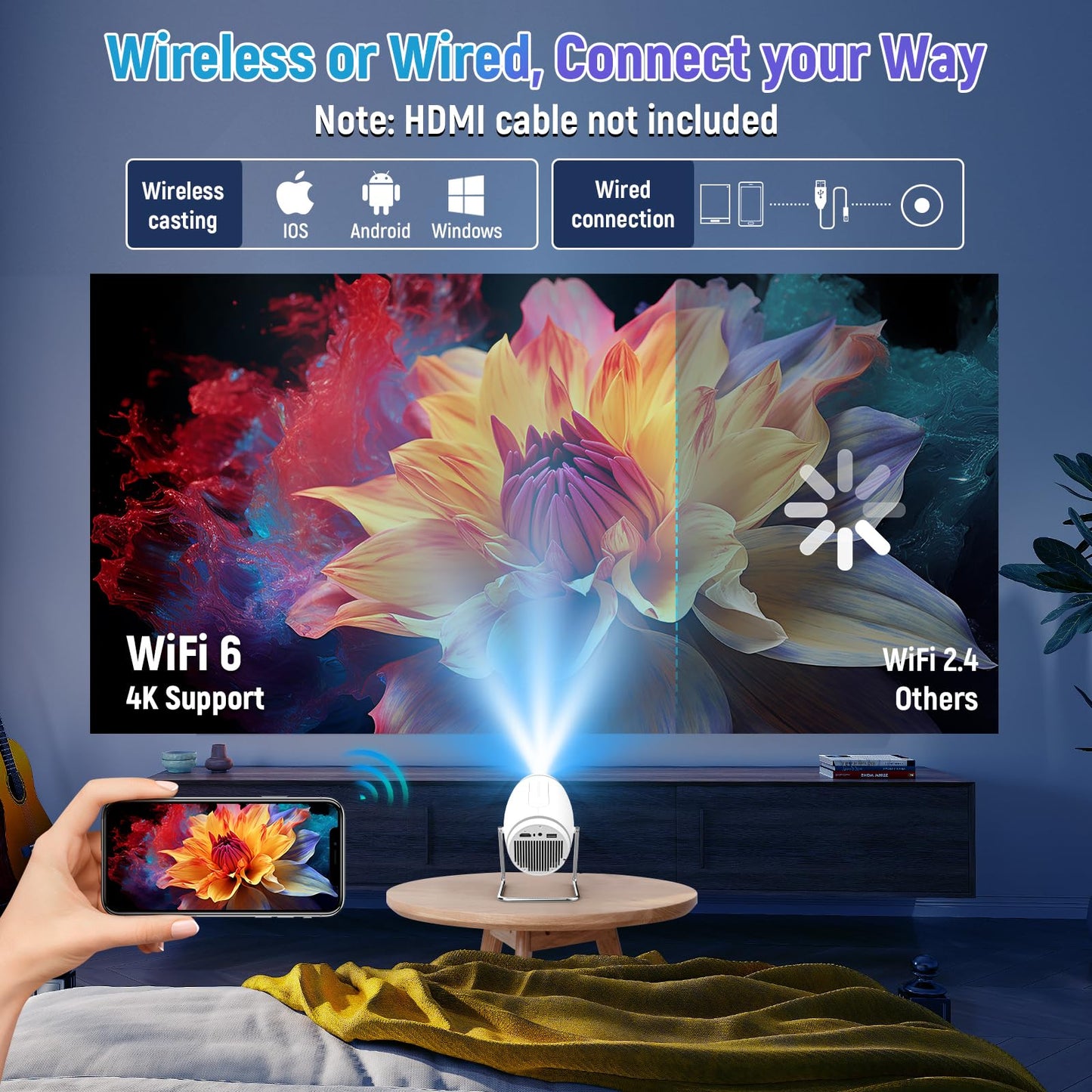 FEARWIKY Mini Portable Movie Projector with WiFi and Bluetooth, 4K 1080P Support, 180° Rotatable 130'' Screen, Auto Keystone Compatible with HDMI/USB/Smartphone/PC/Laptop