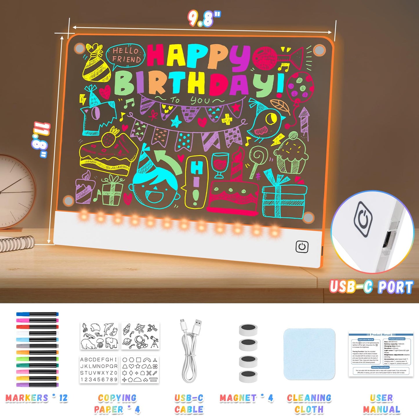 LED Note Board with 7-Color Acrylic Display, Light Up Dry Erase Board