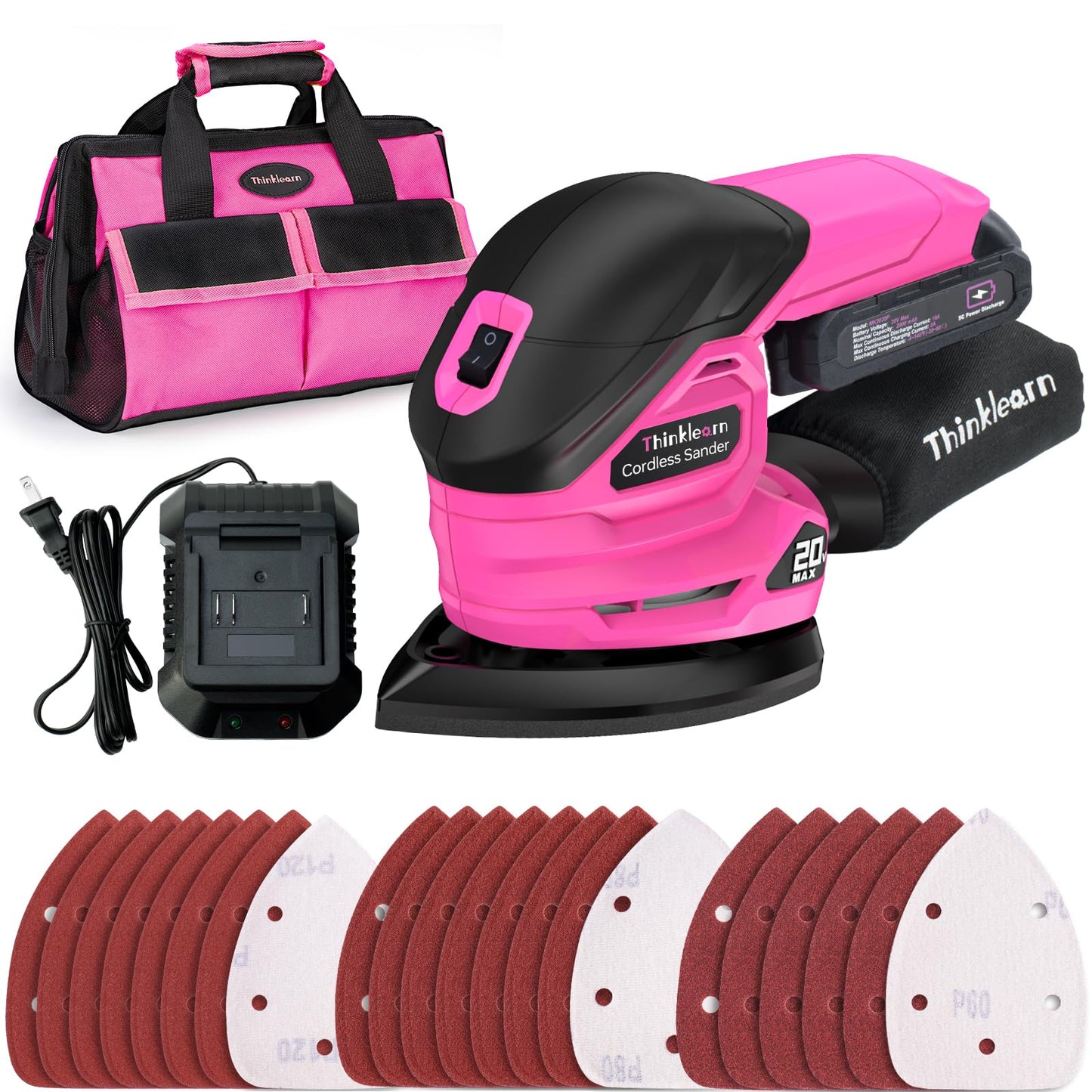 Cordless Detail Sander - 20V Electric Hand Sander with 22Pcs Sandpapers, 12000 RPM Mouse Sander with Dust Bag, Compact Palm Sander Tool for Woodworking, 2.0Ah Battery and Charger Included