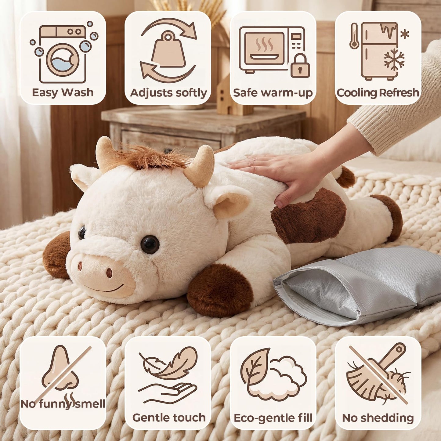 Mewaii Weighted Stuffed Animals with Microwavable Heating Pad - 5lb Adjustable, Heatable & Coolable Cow Plush for Realistic Hug, Removable Inner Pad, Perfect Plush Gift for Kids, Adults (23 Inch)