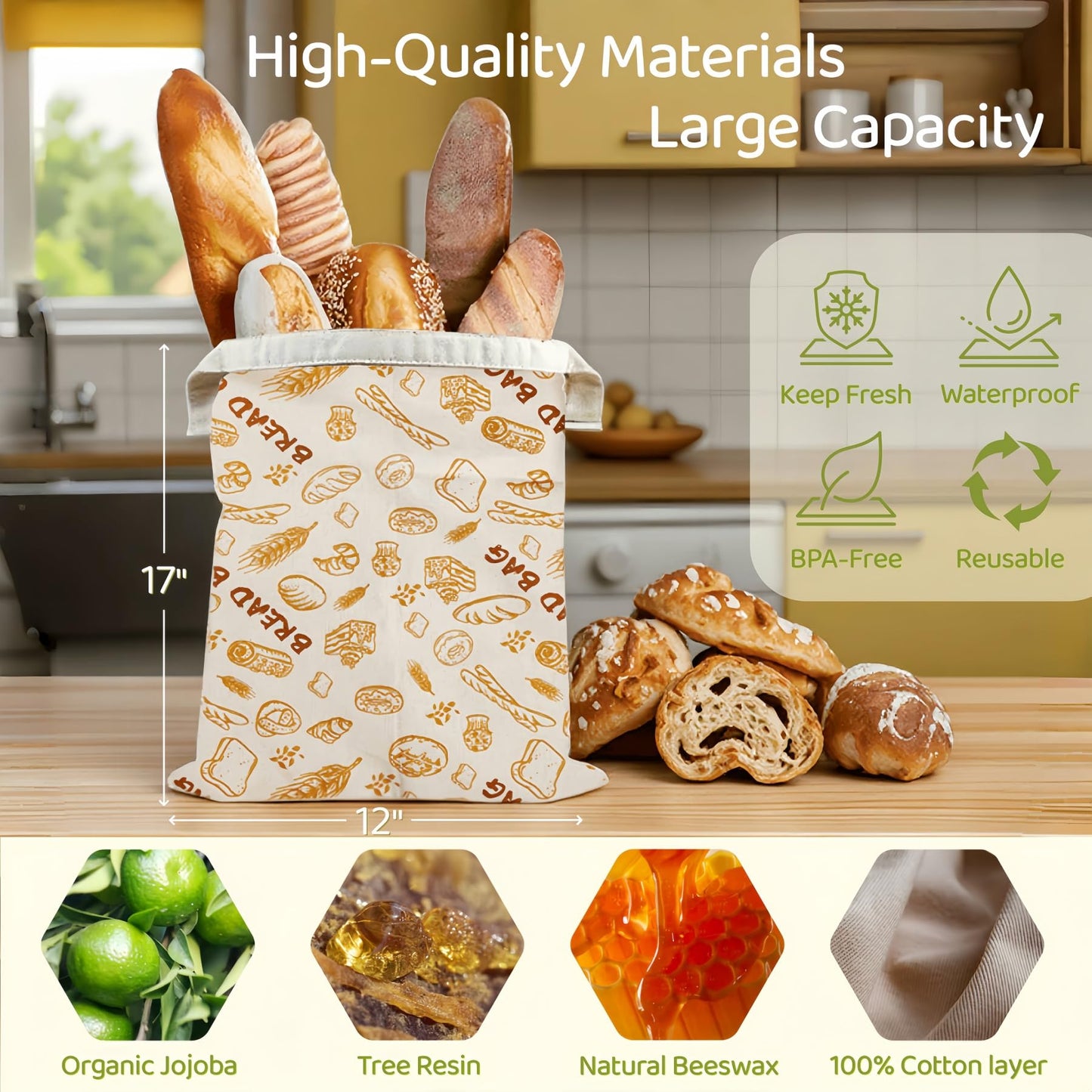 2 Pack XL Beeswax Bread Bags with Zipper Seal – Reusable Cotton Linen Waxed Bread Bags for Homemade Bread, Sourdough Storage, Eco-Friendly Bees Wax Bag Alternative to Plastic (2Pack)