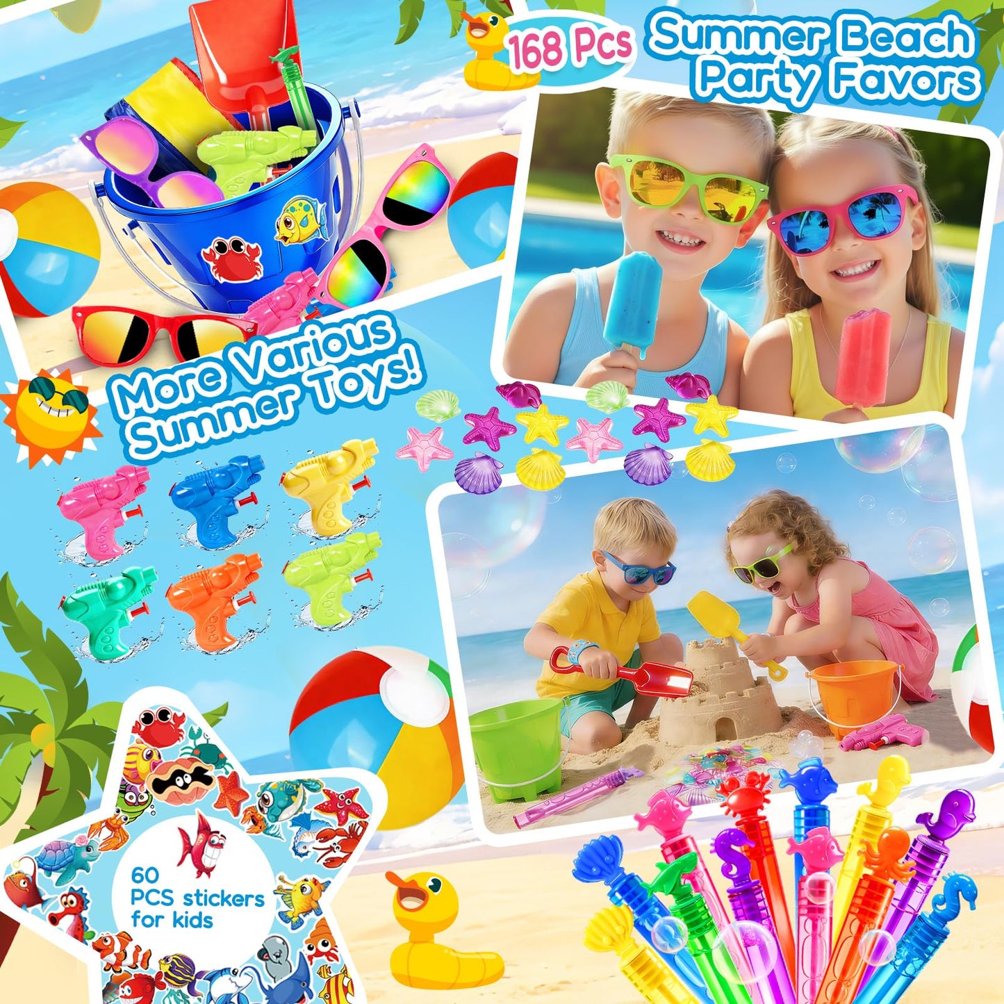 Pool Party Favors and Beach Party Favors 168pcs Summer Pool Toys for Party,Kids Ages 4-8 8-12, Including 12 Castle Mold Buckets, 12 Shovels,Beach Balls, Sunglasses, Bubble Wands