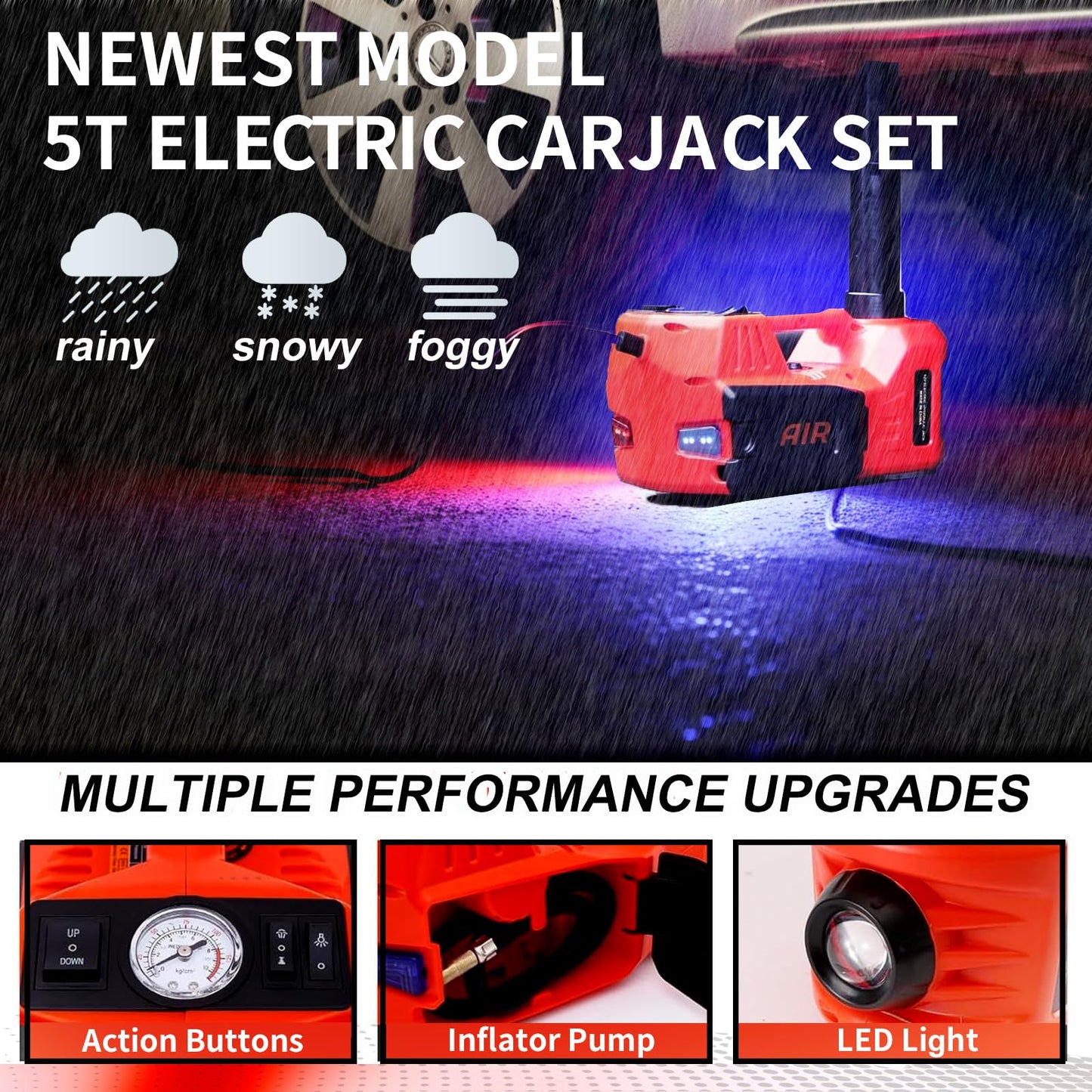 ROGTZ Electric Hydraulic Car Jack Kit 5 Ton 12V Portable Lift Range 17.7 Inch with Tire Inflator Pump for SUV Sedan Truck Car Repair Floor Jack for Vehicle Tire Change with LED Light Jack Only