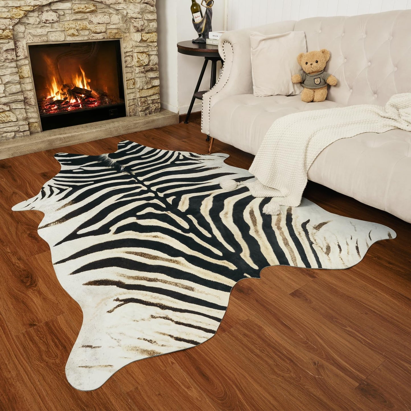 AROGAN Western Faux Fur Zebra Rug, 4.6 x 5.2 Feet Premium Animal Skin Print Rug, Sturdy Faux Zebra Hide Rugs for Wall Decor, Western Floor Carpet for Bedroom Living Room, Black and White