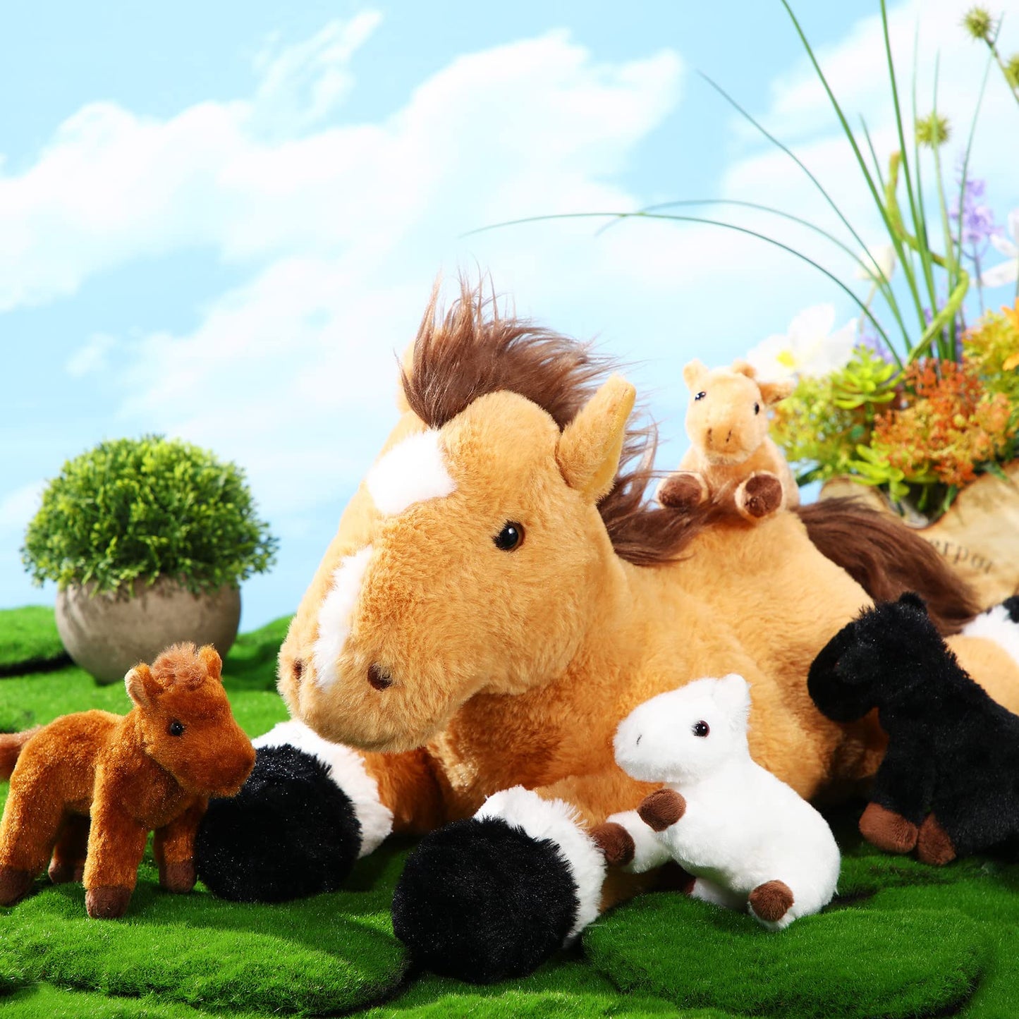Lenwen 5 Pcs Horse Stuffed Animals Large Mommy Horse Plush with 4 Cute Babies in Zippered Belly Nurturing Plushie Toy Set for Birthday Gift Derby Party Favors(Cute)
