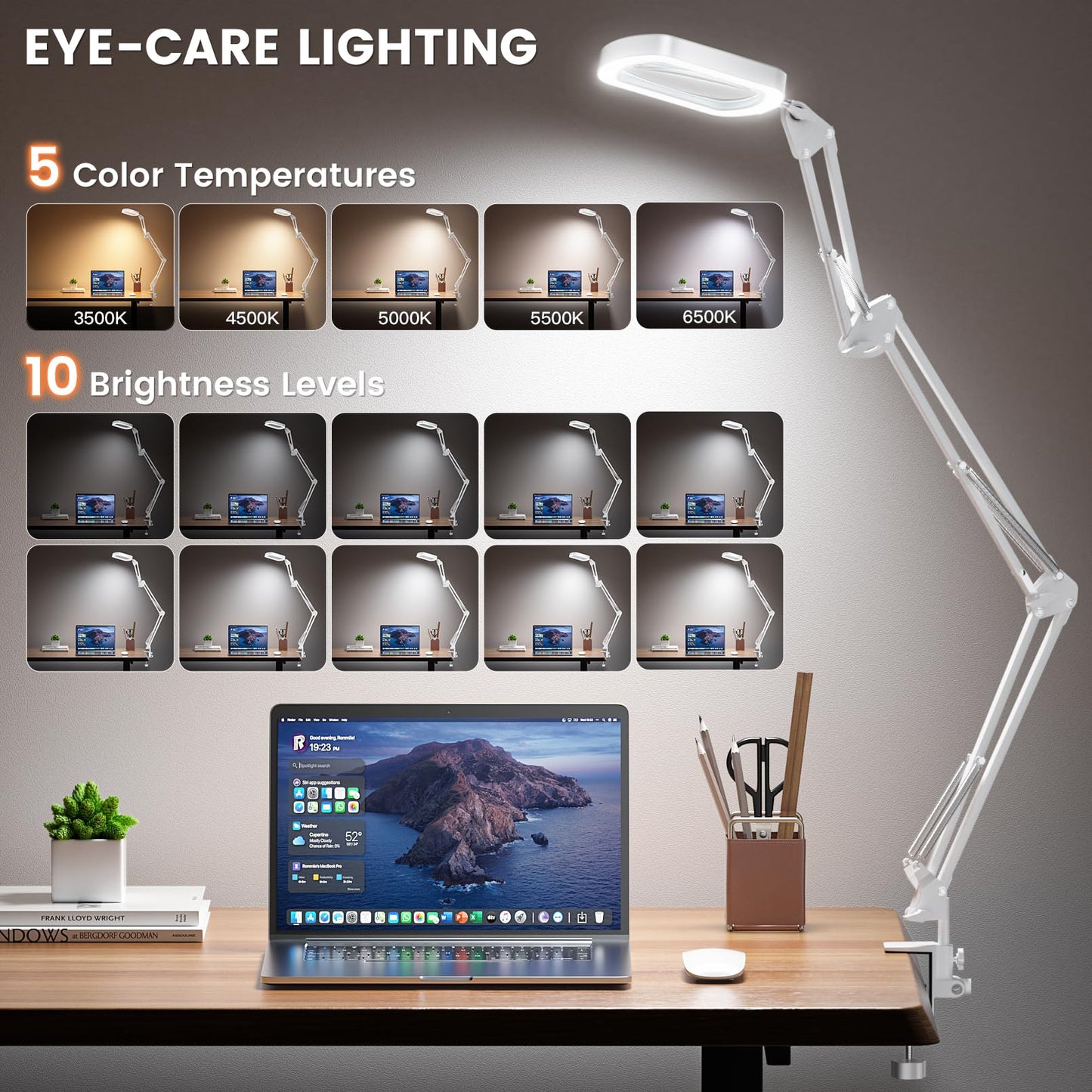 10X Square Magnifying Glass with Light, 3 Arms Table Lighted Magnifying Glasses Lamp with Clamp Hands Free for Reading Crafts Jewelry Repair Painting Close Work Hobbies, 5 Colors 10 Brightness