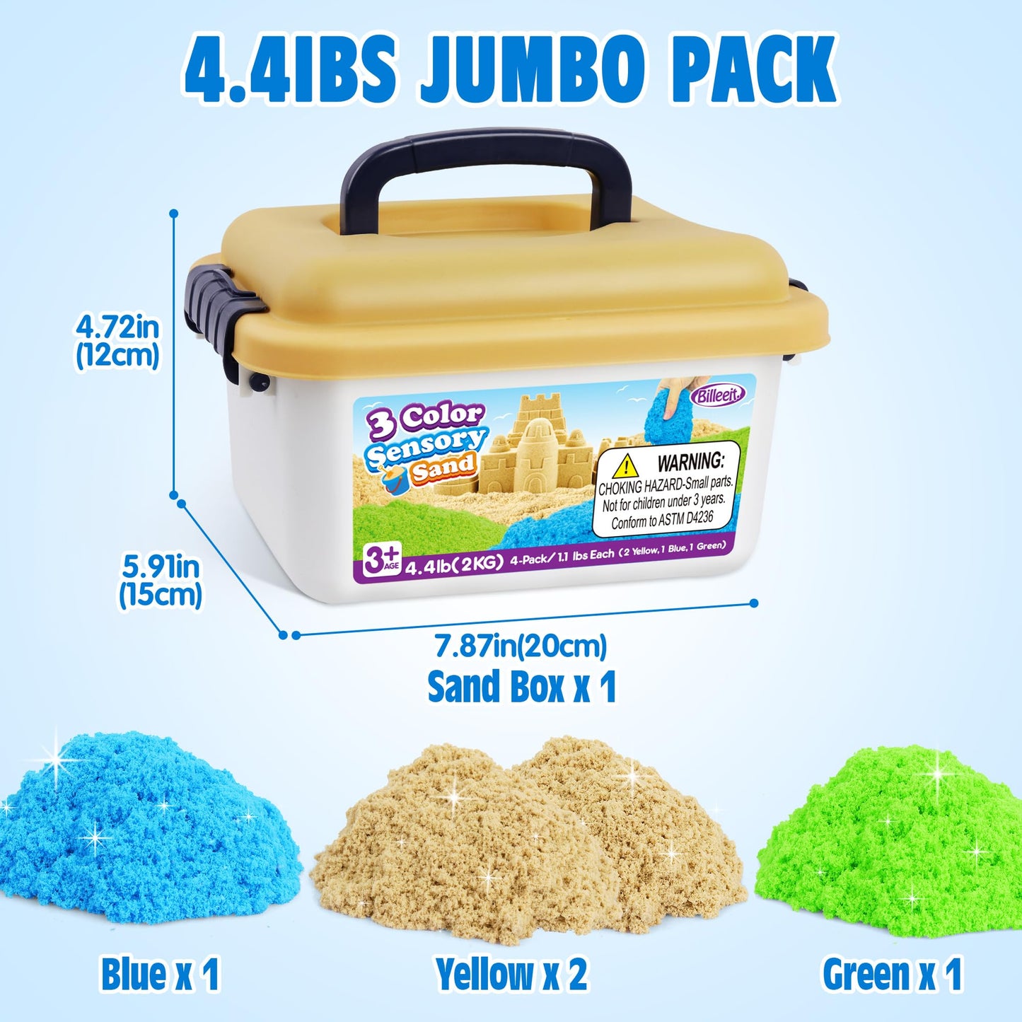 Billeeit 4.4 lbs Play Sand w/Storage Sandbox, 4-Pack(2 Yellow, 1 Blue, 1 Green), Sensory Bin Refill Sand for Shaping, Molding, Pressing, Scooping, Rolling, Self-Sticking Sand Sensory Toy for Kids 3+