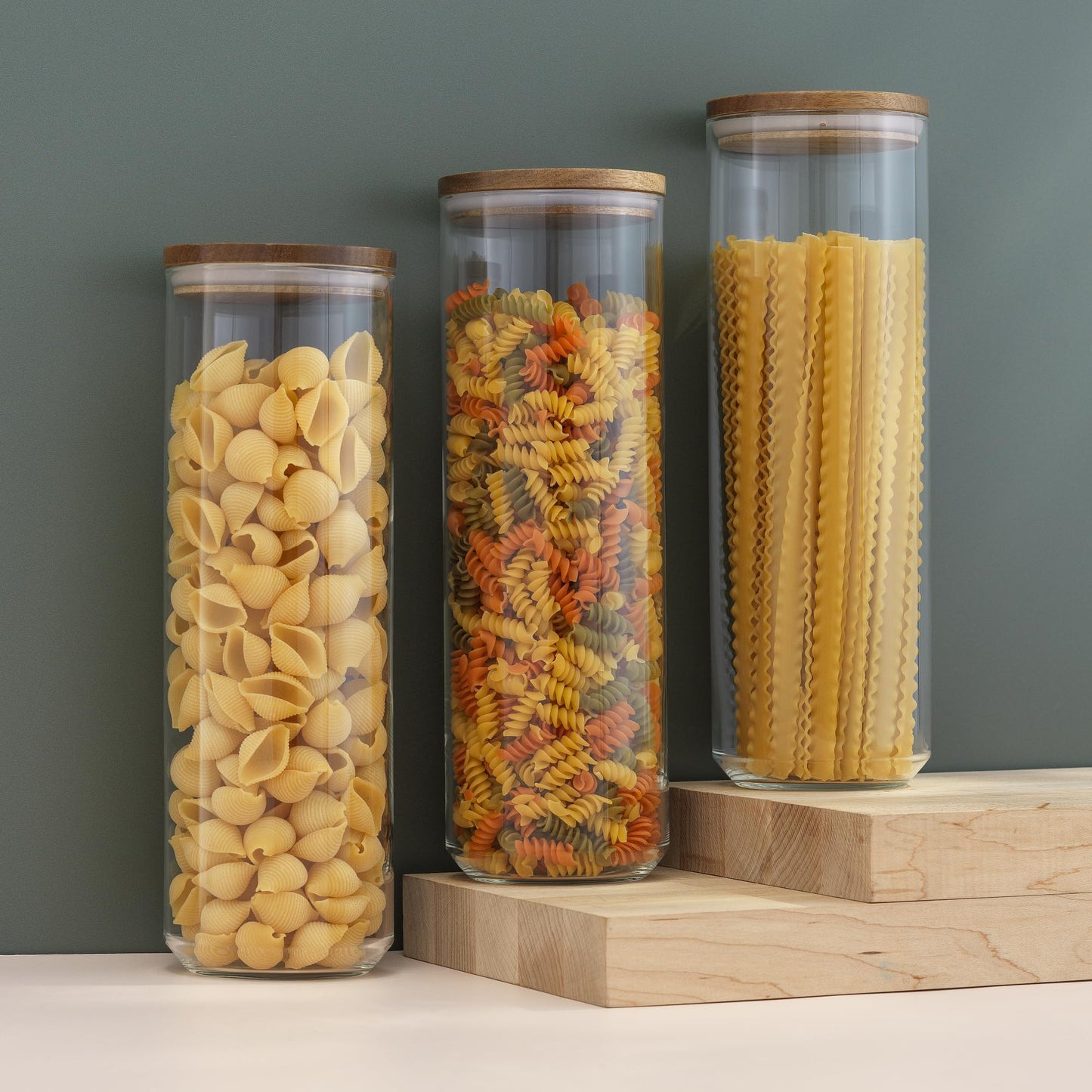 JoyJolt Holden 72oz Stackable Glass Storage Containers with Lids, Large Kitchen Food Storage Canisters with Acacia Wood Lids, Airtight Canister Set of 3 for Pasta Sugar Flour, Pantry Organization