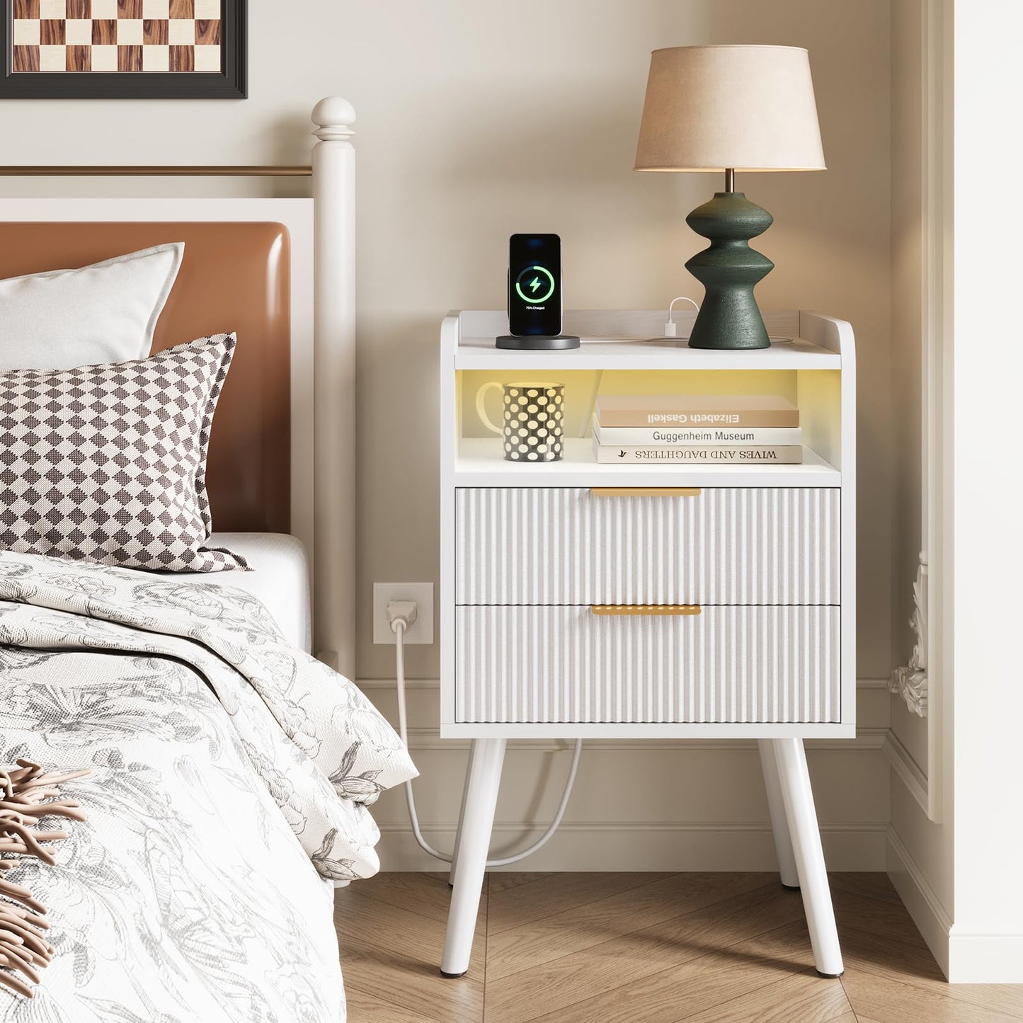 Fixwal White Fluted Nightstand with Charging Station, LED Night Stand with 2 Wood Drawers for Bedroom, Modern Bedside Table, 15.7 x 11.8 x 25.6in