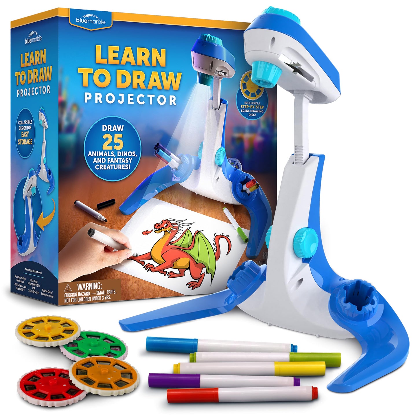 Blue Marble Learn To Draw Projector - Kids Image Projector for Tracing with 9 Colourful Markers & 4 Image Discs with 25 Animals, Dinos & Creatures to Draw, Patent-Pending Drawing Projector for Kids