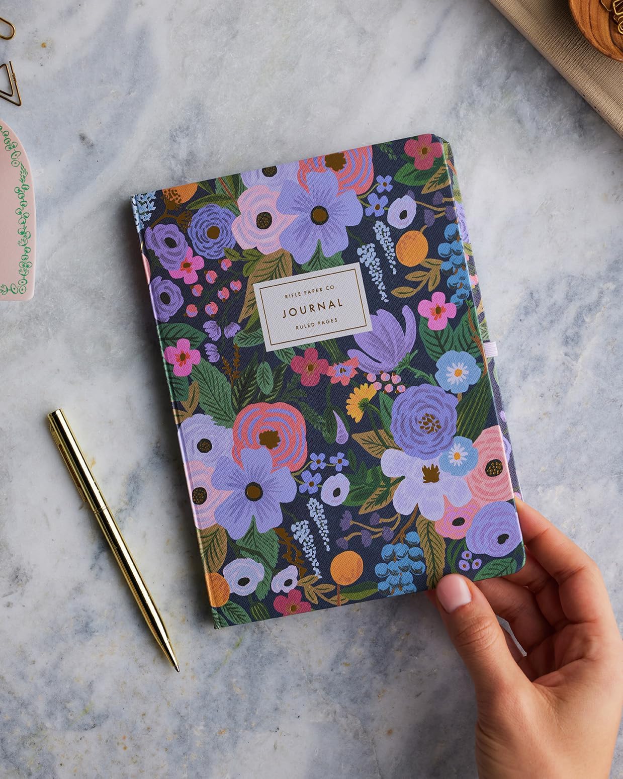 RIFLE PAPER CO. Journal with Pen | Hardcover Notebook with Foil Accents, Paper-Wrapped Grayboard, (144 Pages, Elastic Band Closure, Pocket for Extra Storage), Violet Garden Party