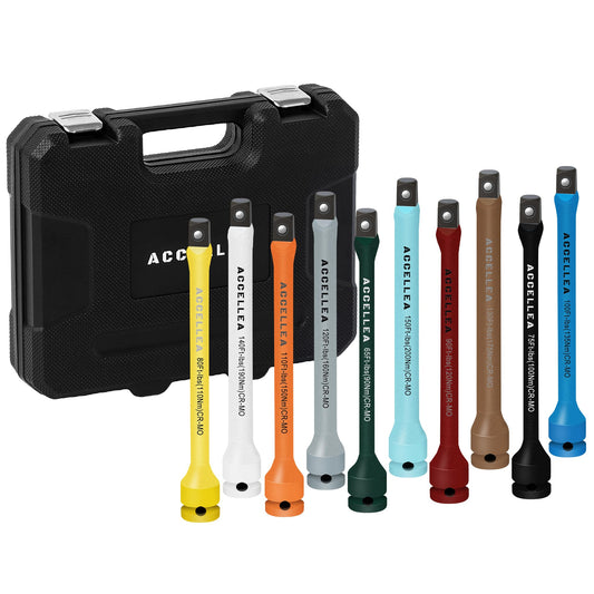 ACCELLEA 10-Piece Torque Limiting Extension Bar Set, 1/2" Drive, 8" Long, 65-150 Ft-lbs, CR-MO, SAE Standard, Color-Coded Impact Socket Extension Bar Set with Storage Case, for Tire Repair & Drills