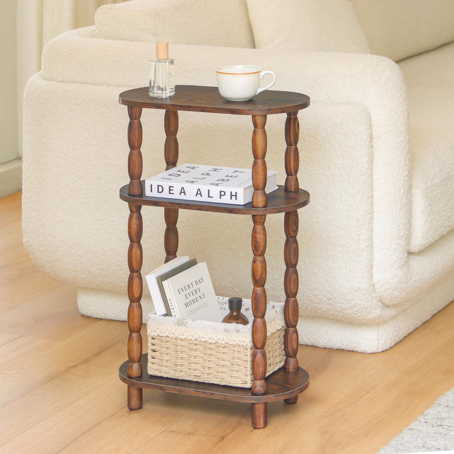MaxSmeo Small Narrow Side Table, 3-Tier Narrow End Table with Storage, Skinny Side Table Nightstand for Small Space, Bedrooms, Living Room (Rustic Brown)