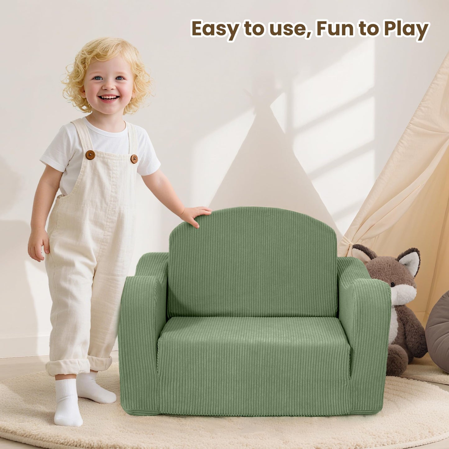 Airpanda Comfy Kids Chair and Couch, 2-in-1 Convertible Kids Sofa, Soft Fold-Out Design, Removable Washable Cover, Green