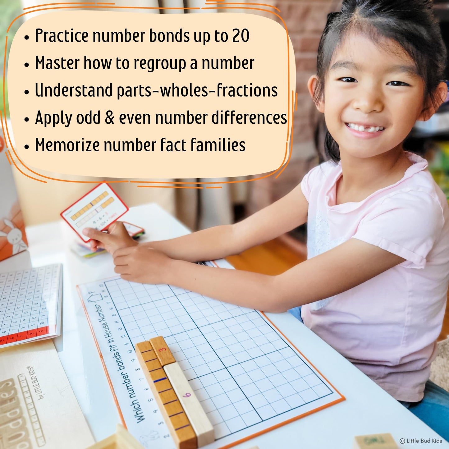 LITTLE BUD KIDS House of Number Buddies Math Game, a Number Bonds Math Toy with Number Rods and Addition & Subtraction Flash Cards, a Montessori Material for Kids 4-8 Years Old