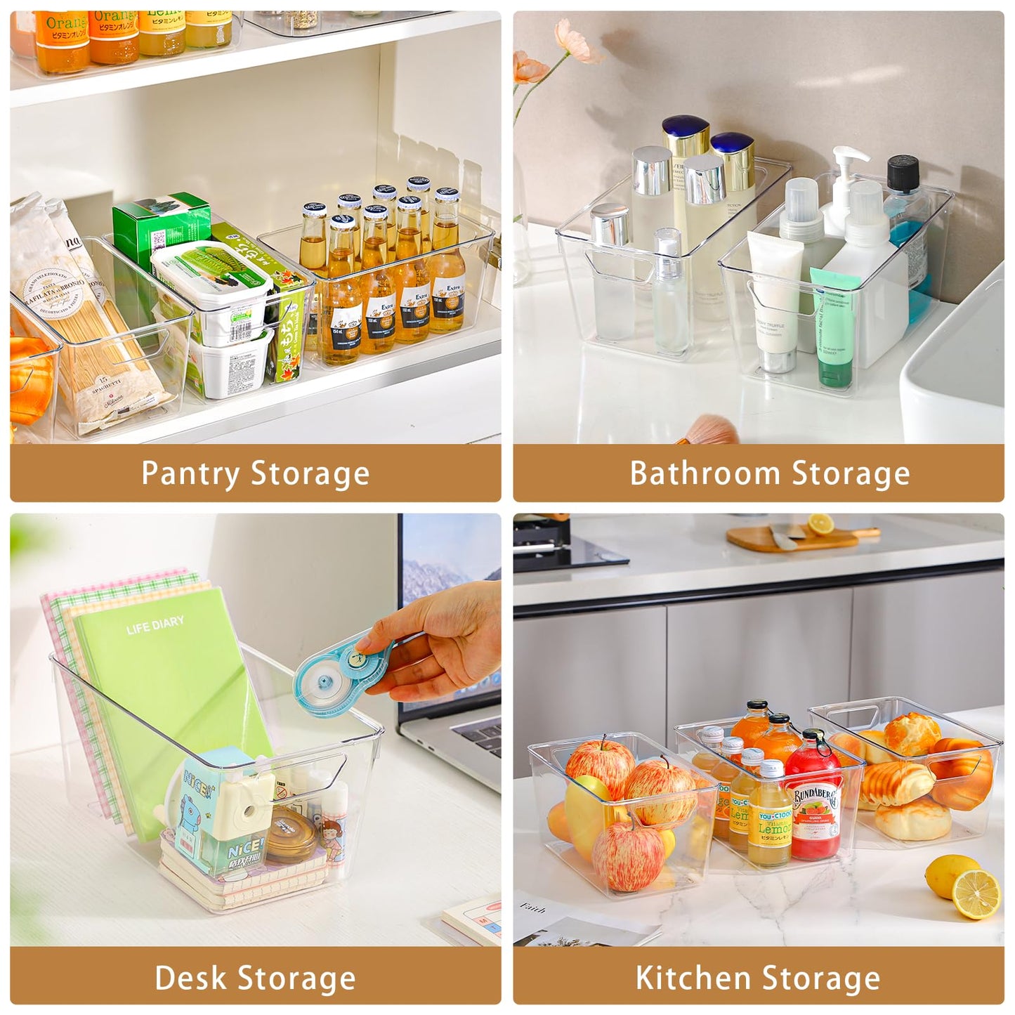 Freebat 12 Pack Middle Organizers and Storage, Pantry Organization and Storage Bins, Cabinet Organizer, Clear Plastic Storage Containers with Handle，Acrylic Storage Bins for Cabinet, Fridge