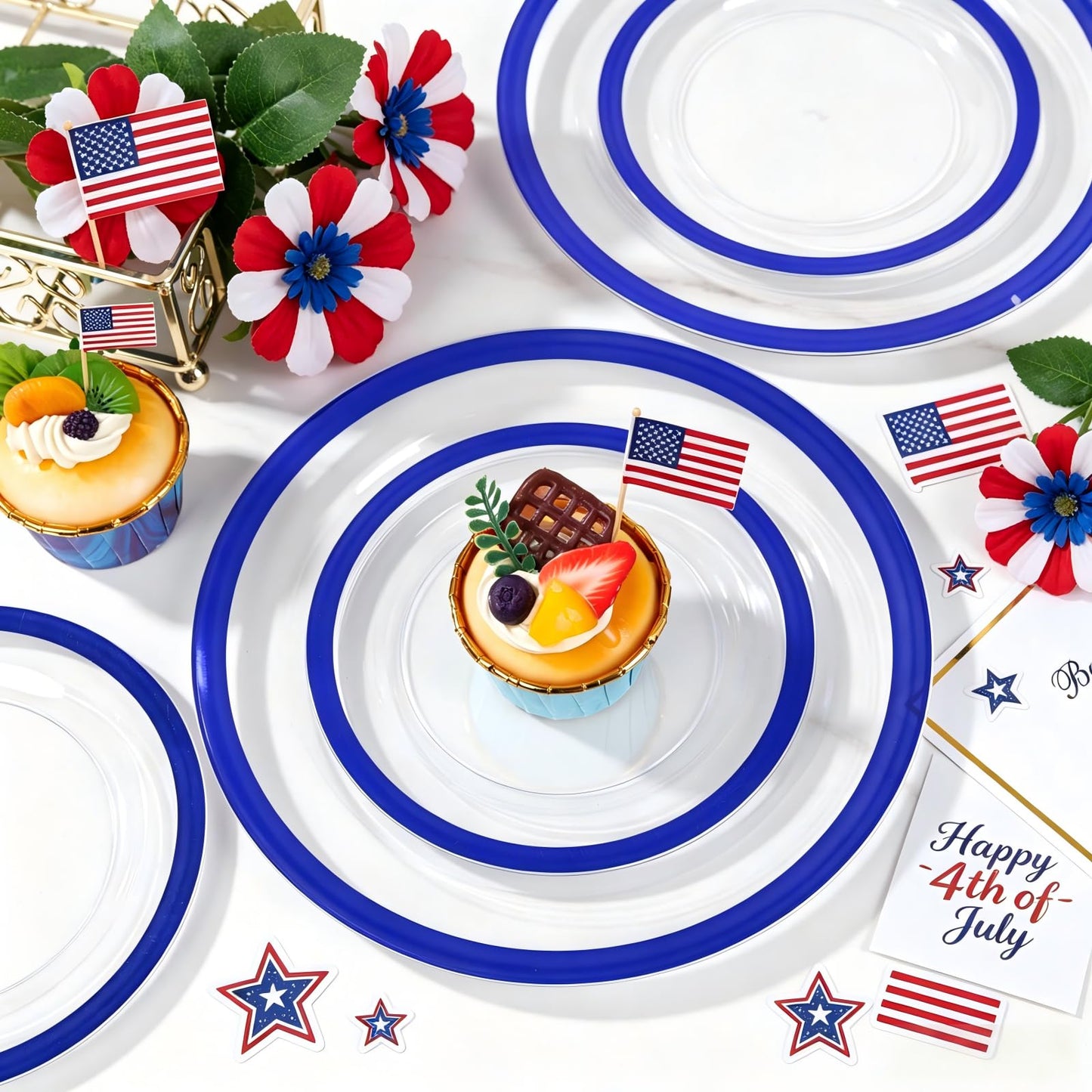 Liacere 350PCS Blue Plastic Plates - Clear with Blue Trim for 50Guests Dinnerware Include 100 Clear Plates disposable 150 Silverware 50Napkins for Wedding＆party&Graduation&Independence Day