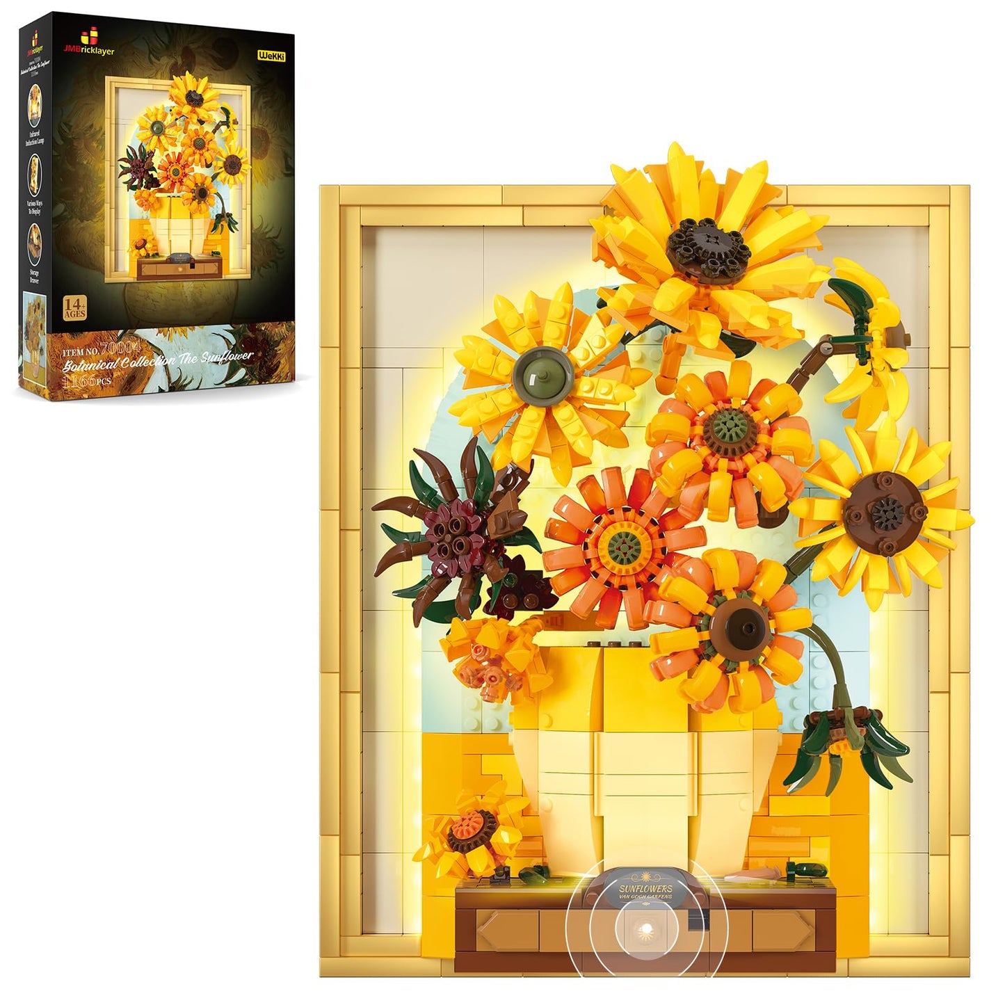 JMBricklayer Flowers Sunflower Building Sets for Adults with Lights 70004, Van Gogh Wall Art Crafts, Plants Painting Frame for Room Home Office Decor, Flower Birthday Gifts Ideas for Women Girls Teens