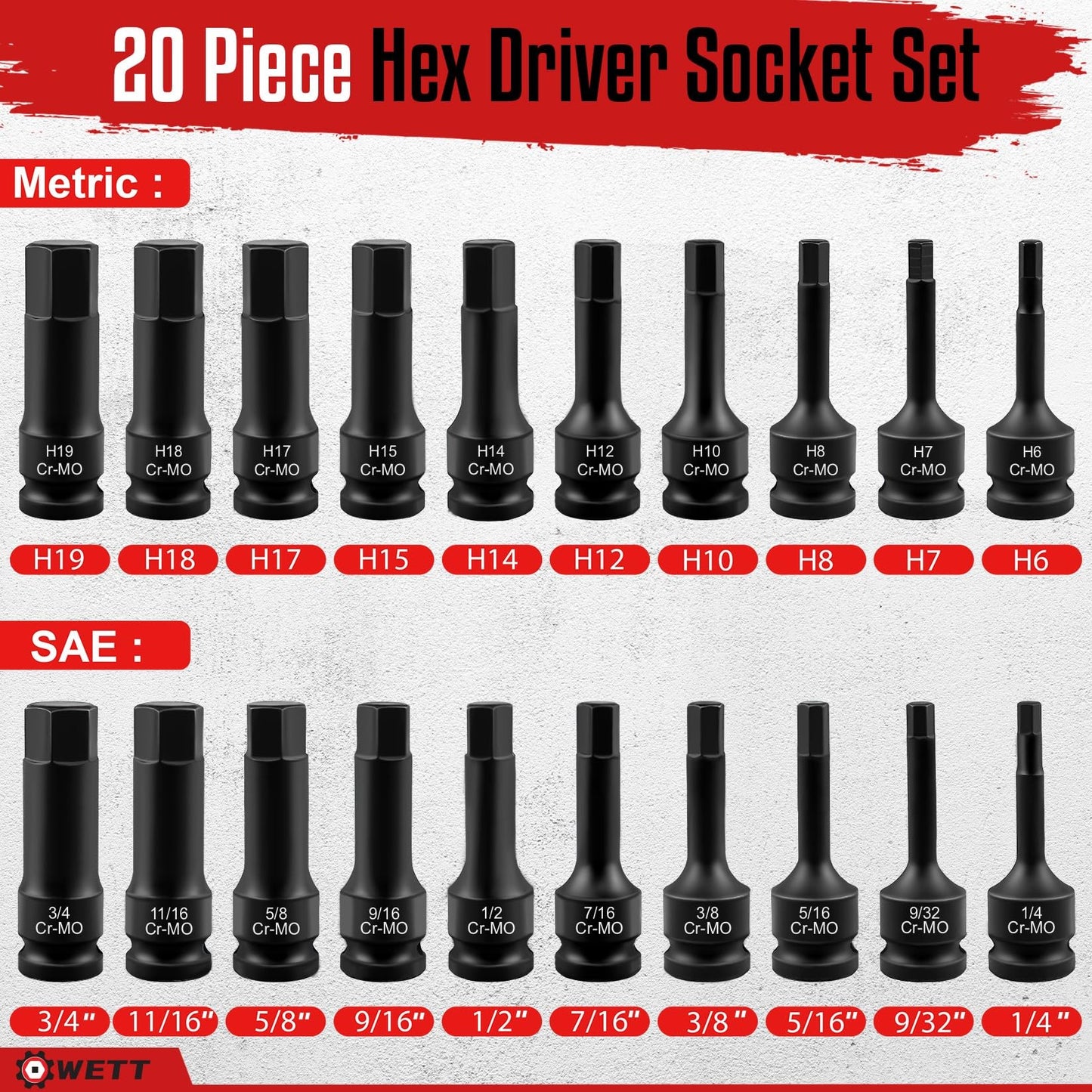 WETT 1/2" Drive Master Impact Hex Bit Set, 20 Piece Hex Driver Socket Set, Allen Bit Socket Set, Cr-Mo Steel, SAE & Metric, (1/4" - 3/4", 6-19mm)