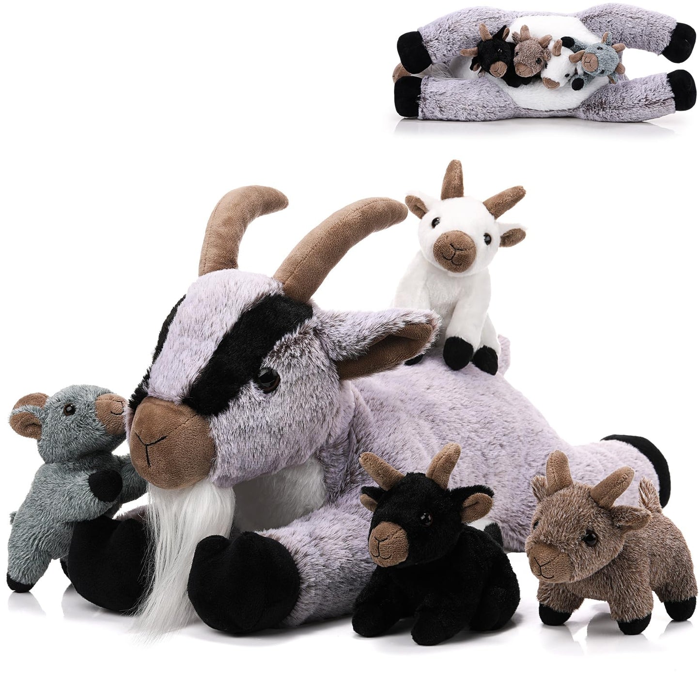 HyDren 5 Pcs Goat Plush Toy Set 18 Inch Mommy Goat Stuffed Animal with 4 Stuffed Kids in Zippered Tummy Soft Plushies for Children's Day Gifts Birthday Farm Party Decors Sleeping Companion