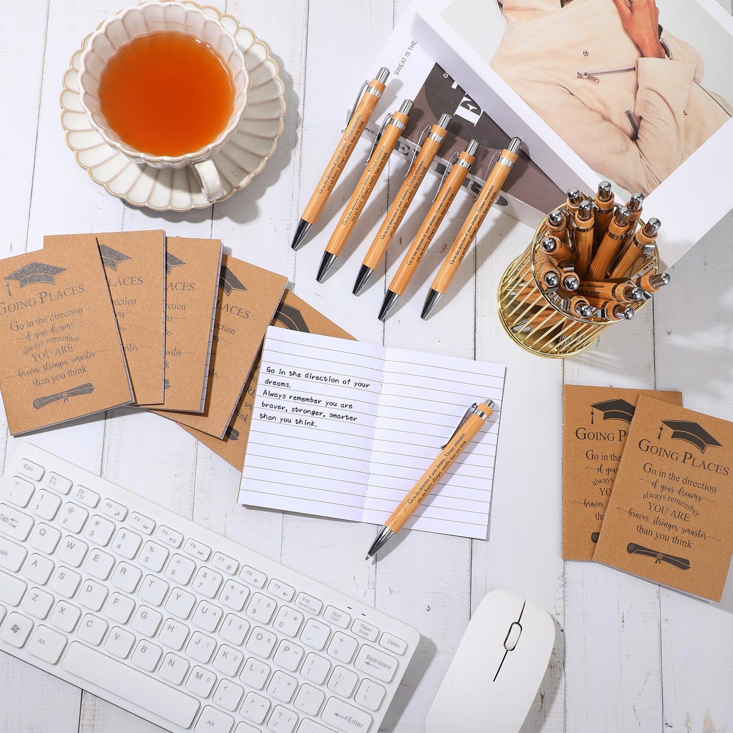 Kosiz 120 Pcs 2026 Graduation Gifts Bulk Motivational Kraft Notebooks Ballpoint Pens Inspirational Mini Journal Bamboo Plastic Retractable Pen for Class of 2026 College Grad Gifts (Wooden)