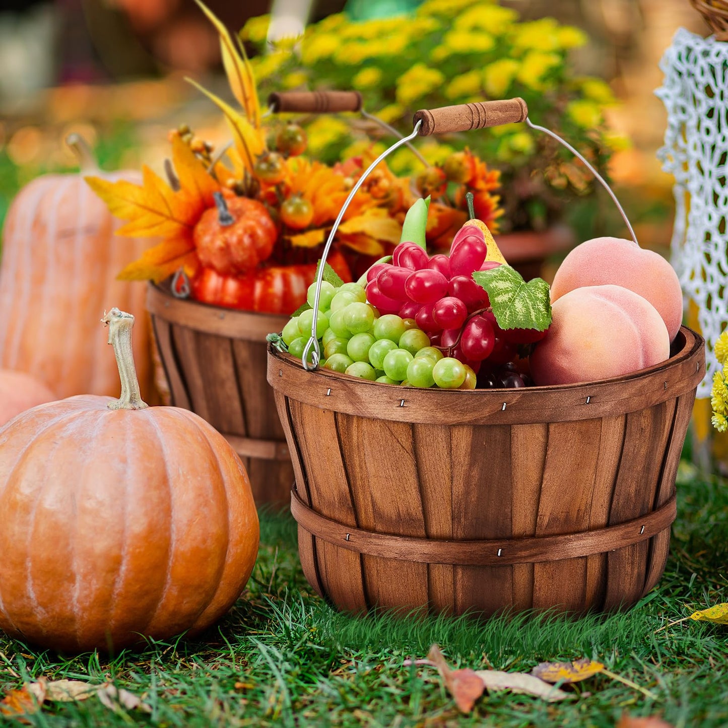Marsui 8 Pcs Natural Wooden Fruit Baskets 11'' x 6.5'' - Fall Thanksgiving Halloween Decoration, Farmhouse Harvest Storage Bin, Portable Handle Apple Basket for Kitchen Farm Party Home Gift Giving