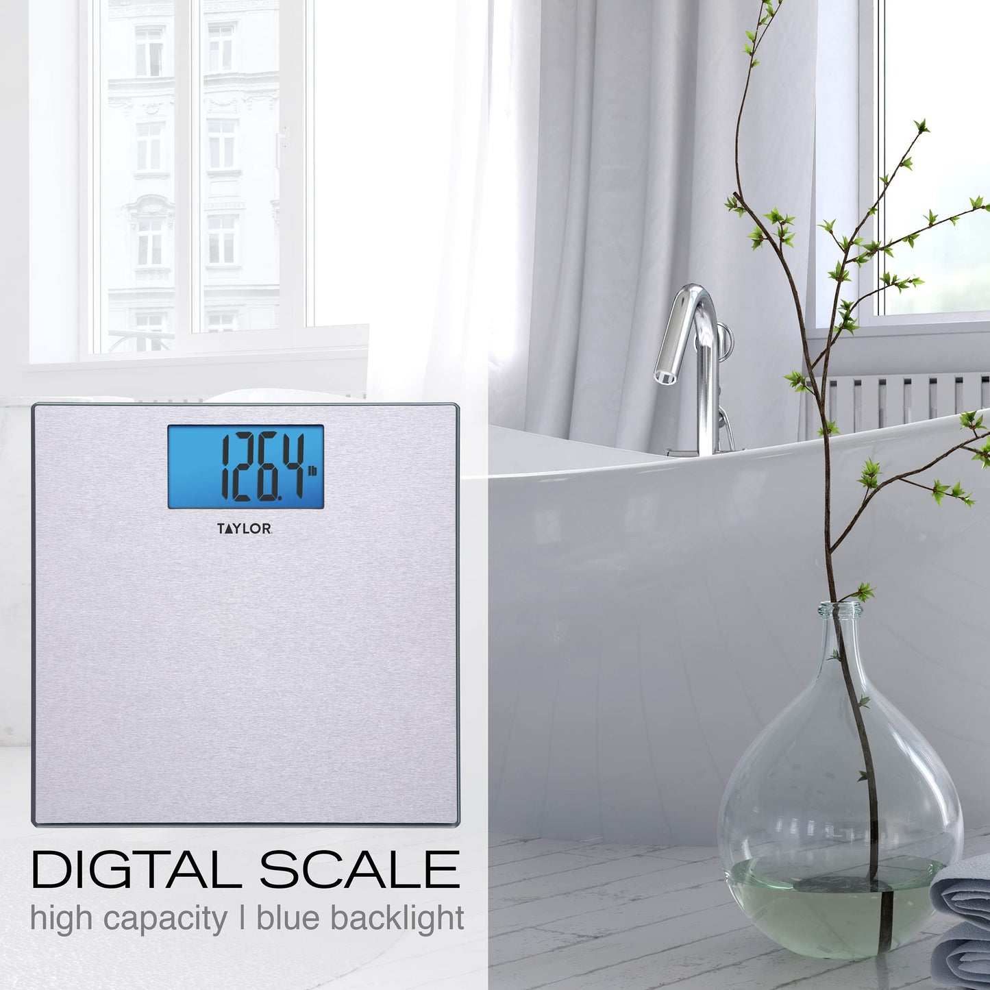 Taylor Digital Scales for Body Weight, Highly Accurate 400 LB Capacity, Unique Blue LCD, Auto on and Off Scale, 11.8 x 11.8Inches, Stainless Steel