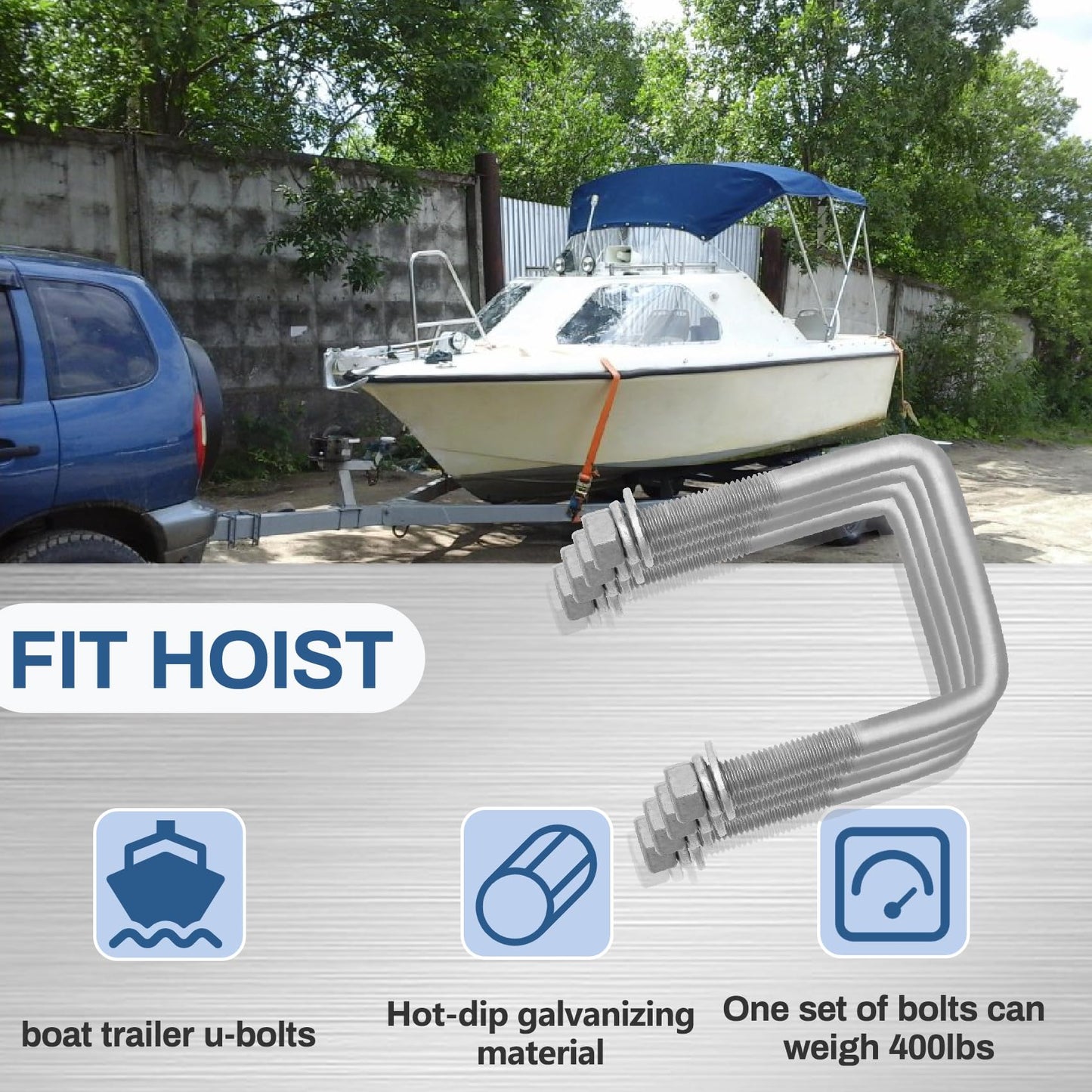 4 Pcs Hot Dipped Galvanized Square U-Bolts,3 inch Wide,Boat Trailer U-Bolts with Washers and Nuts for Boat Trailer,Automobiles,Industrial,Heavy Duty U Bolt (1/2" D x 3 1/16" W x 4 5/16" L)