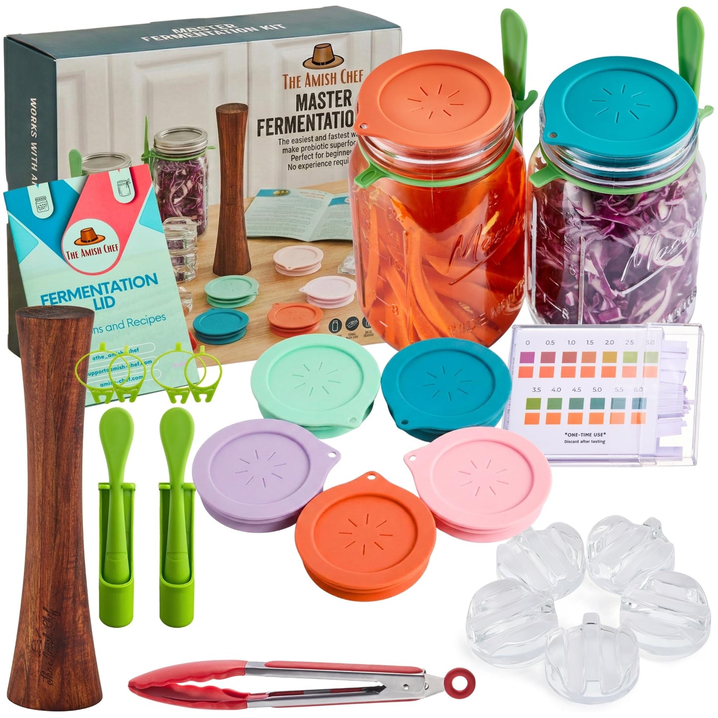 Master Fermentation Kit for Wide Mouth Mason Jar by The Amish Chef - Pickle Kit, Kimchi, Sauerkraut Making Kit - Fermentation Airlock Lids