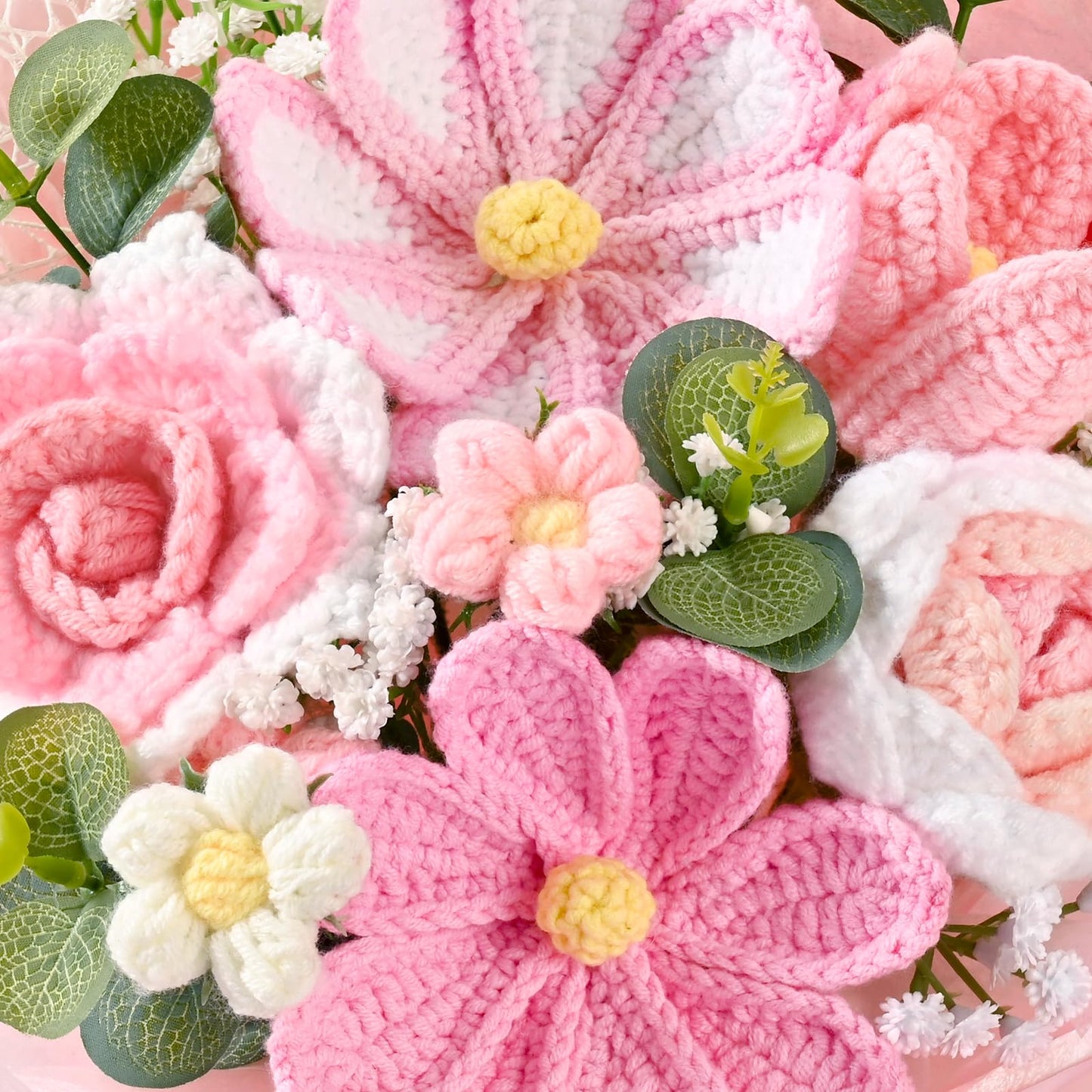 Waipfaru Pink Crochet Flower Bouquet, Handmade Knitted Fake Flowers with Card, Crochet Tulips Roses Flower for Valentines Day Anniversary Birthday Mother’s Day Women Mom Wife Friend
